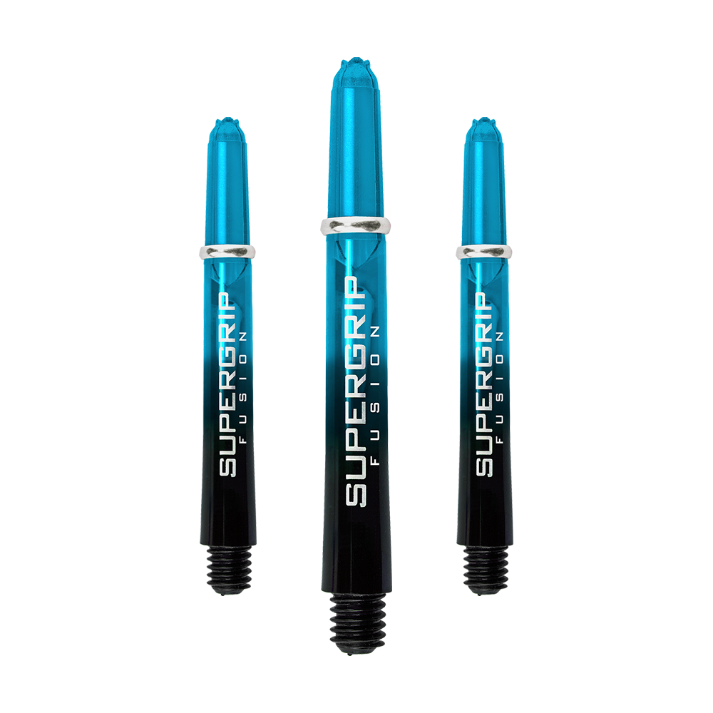 Das Bild zeigt drei Harrows Supergrip Fusion Shafts in der Farbe Aqua. Die Shafts sind oben blau und unten schwarz mit weißer Schrift.