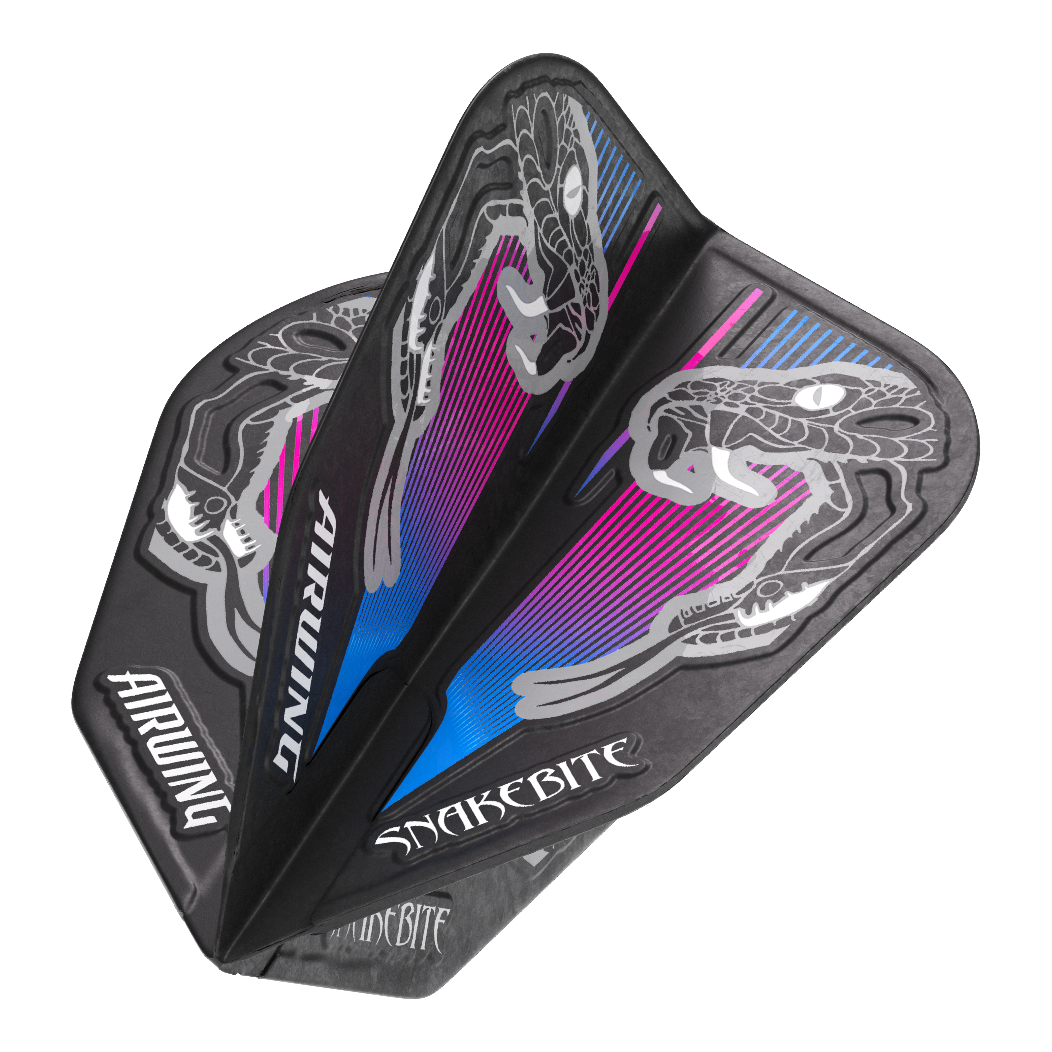 Dies ist ein Set von Red Dragon Airwing Peter Wright Blue V-Standard Flights. Die Flights sind schwarz mit einem Schlangenmotiv und blauen sowie pinken Akzenten gestaltet.