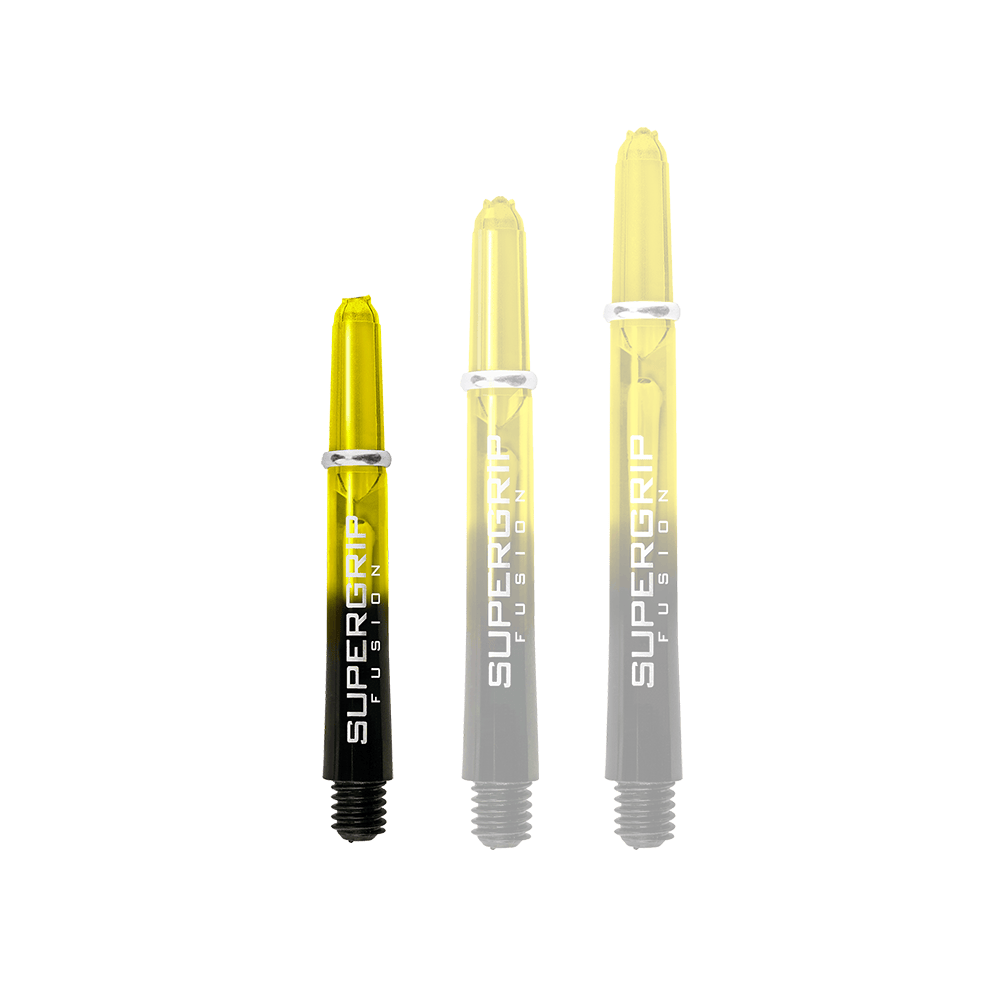 HR348_Harrows_Supergrip_Fusion_Shafts_Gelb_33mm_1ONdDFq5hZIp5C Auf dem Bild sind drei Harrows Supergrip Fusion Shafts in Gelb zu sehen. Die Shafts sind unterschiedlich lang und haben ein modernes, transparentes Design.