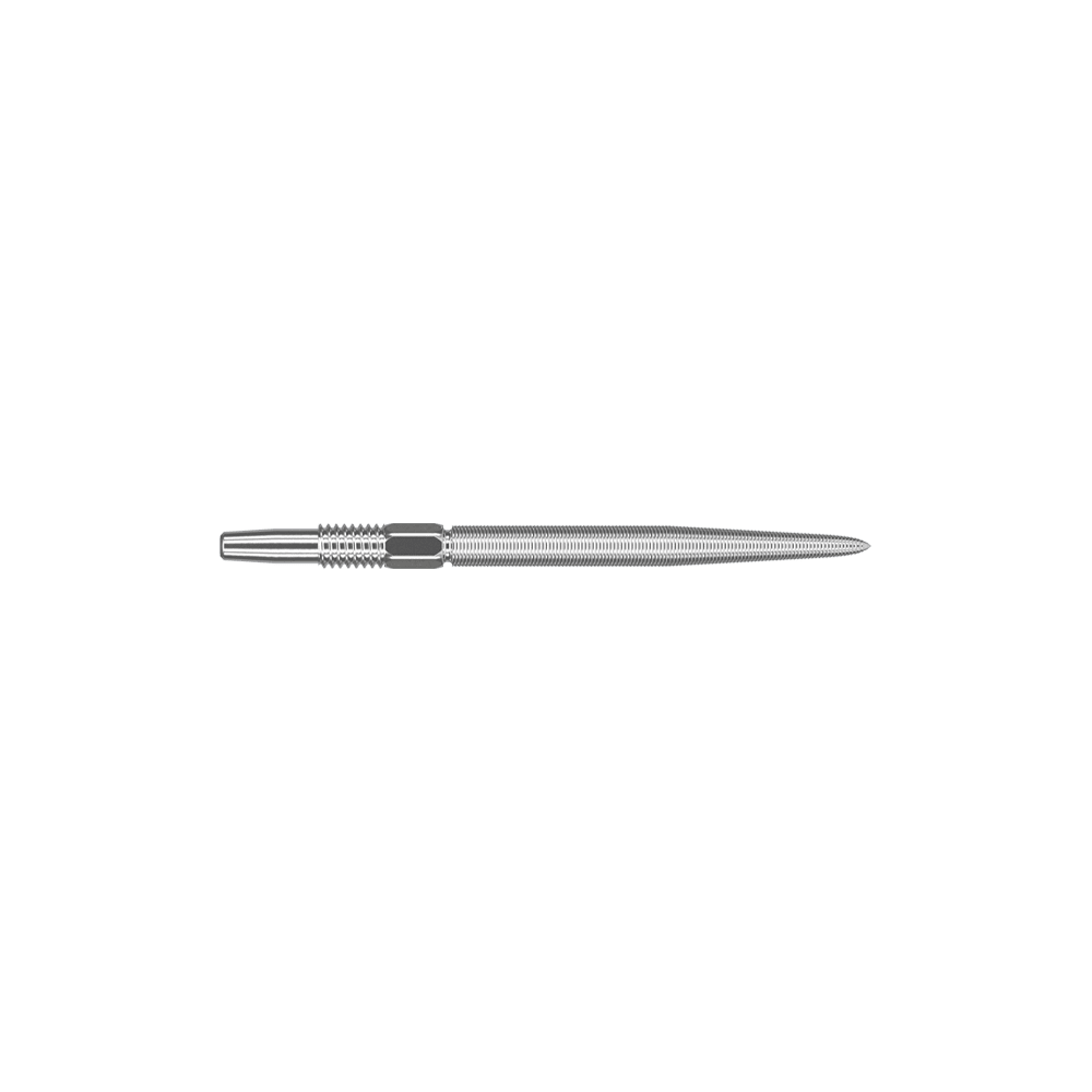 Target Swiss Point Nano Dartspitzen - Silver Auf dem Bild ist eine silberne Dartspitze zu sehen. Sie ist lang, dünn und hat eine feine Riffelung für besseren Halt.
