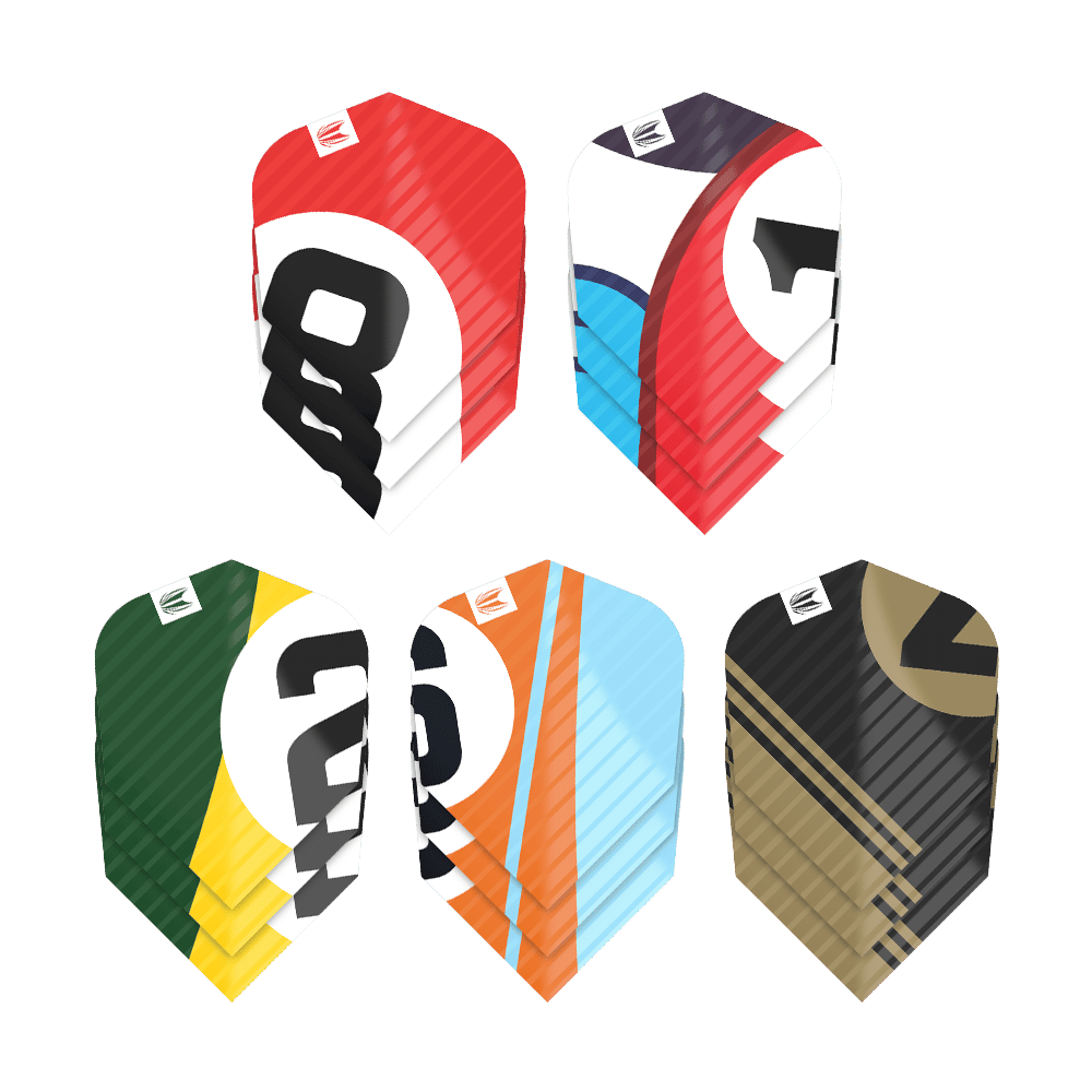 Das Bild zeigt fünf verschiedenfarbige Dart-Flights aus dem "Target Pro Ultra Chicane Multipack Ten-X Flights - 5 Sets". Jeder Flight hat ein einzigartiges Design mit auffälligen Farben und Zahlen.