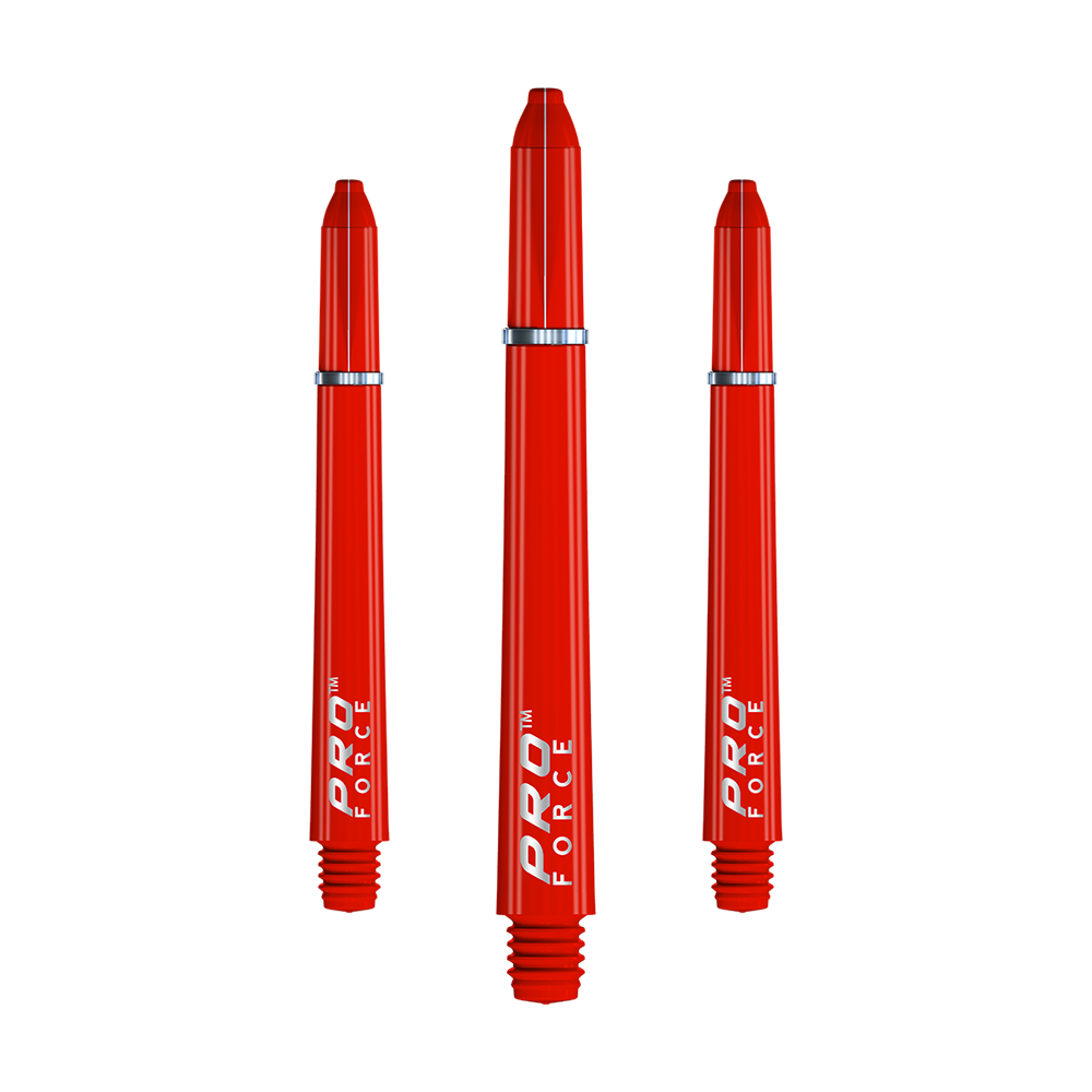 Auf dem Bild sind drei rote Winmau Pro-Force Shafts zu sehen. Die Schrift "PRO FORCE" ist in Weiß auf den Shafts gedruckt.