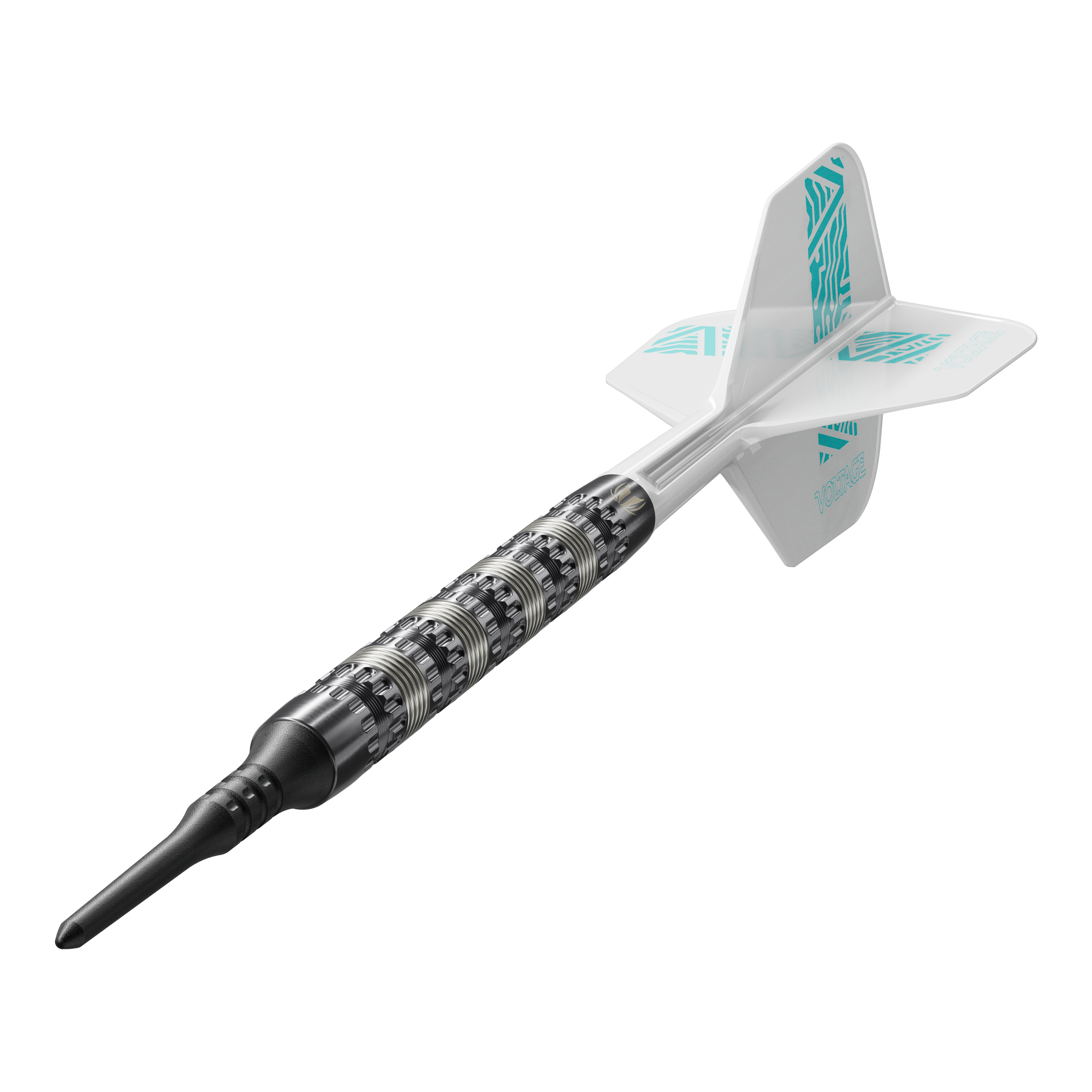 Target Rob Cross 95K Swiss Point Softdarts - 18g Auf dem Bild ist ein Target Rob Cross 95K Swiss Point Softdart mit 18g zu sehen. Der Dart hat einen strukturierten silbernen Barrel, eine schwarze Spitze und weiße Flights mit türkisfarbenen Akzenten.