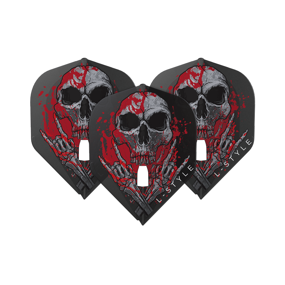 Die Abbildung zeigt drei schwarze Dart-Flights mit einem auffälligen Totenkopf-Design, das von roten Farbspritzern umgeben ist. Am unteren Rand steht der Schriftzug „L-STYLE“.