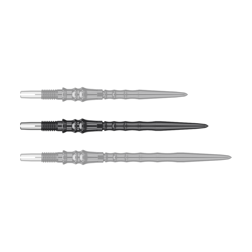 Abgebildet sind schwarze Steeldartspitzen, SwissPoint, 35 mm von Target Japan Premium. Das Bild zeigt die Dartspitzen im Detail.