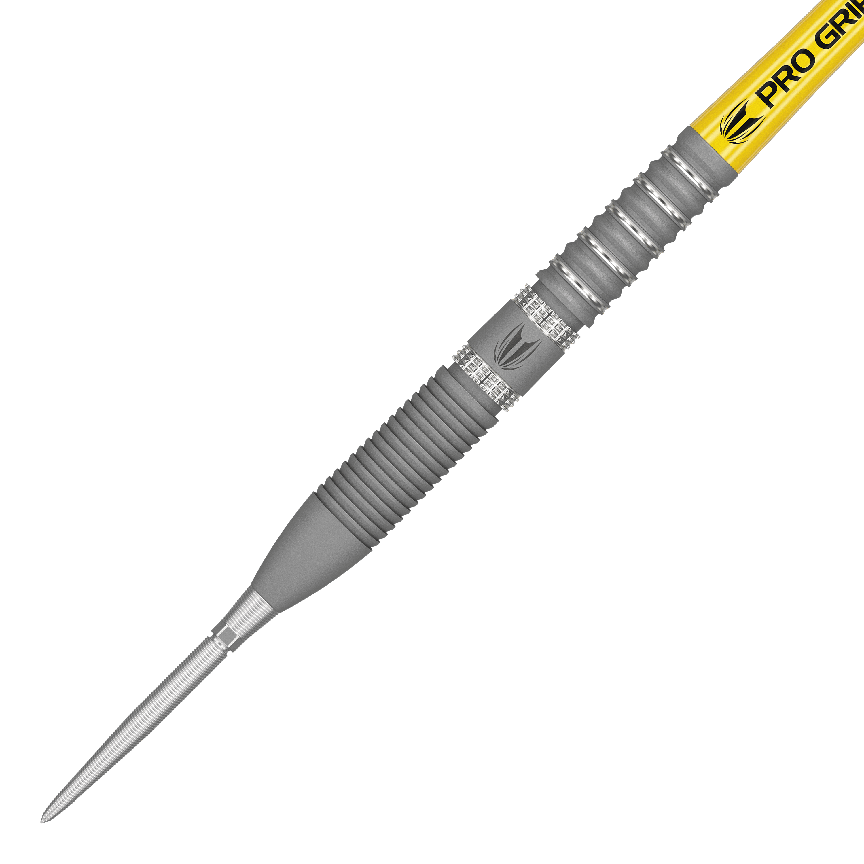 Target Gabriel Clemens GEN2 Swiss Point Steeldarts Das Bild zeigt den Target Gabriel Clemens GEN2 Swiss Point Steeldart. Der Dartpfeil hat eine silberne Spitze, einen geriffelten Griffbereich und einen gelben Schaft mit der Aufschrift „PRO GRIP“.