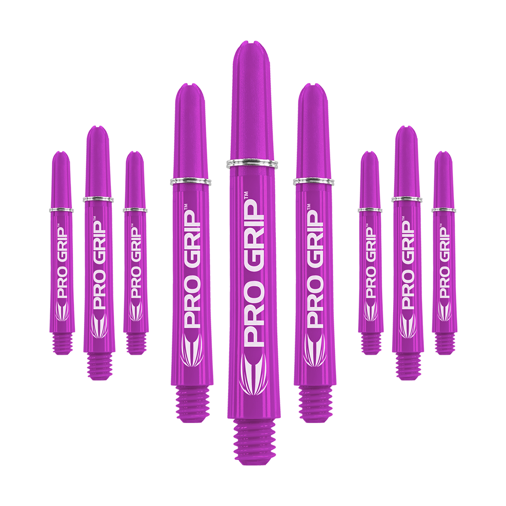 Das Bild zeigt neun lilafarbene Dartshafts mit der Aufschrift "PRO GRIP". Sie sind in drei Reihen angeordnet und stehen aufrecht nebeneinander.