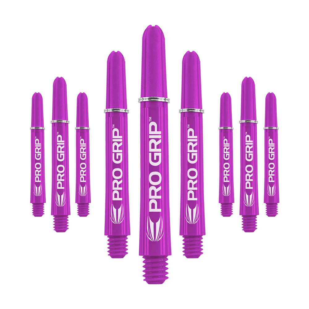Target Pro Grip Shafts - 3 Sets - Lila Das Bild zeigt neun lilafarbene Dartshafts mit der Aufschrift "PRO GRIP". Sie sind in drei Reihen angeordnet und stehen aufrecht nebeneinander.
