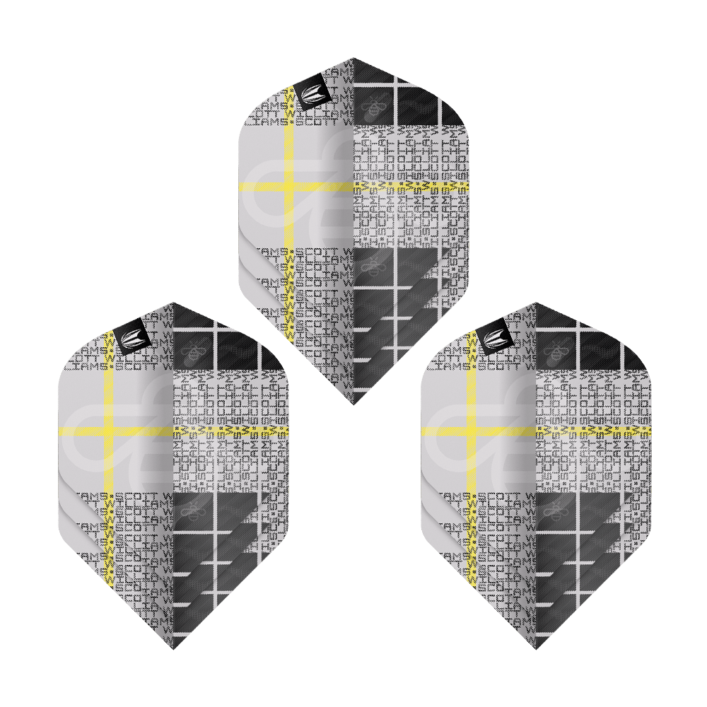 Target Pro Ultra Scott Williams GEN2 No2 Standard Flights - 3 Sets Das Bild zeigt drei Sätze der Target Pro Ultra Scott Williams GEN2 No2 Standard Flights. Die Flights haben ein modernes Design mit schwarz-grauen Mustern und gelben Linien.