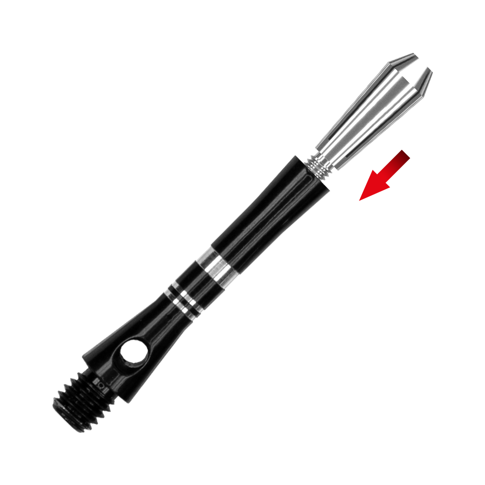 562_Harrows_Colette_Shafts_Ersatztops_2 Das Bild zeigt das Produkt "Harrows Colette Shafts Ersatztops". Ein roter Pfeil weist auf das austauschbare silberne Oberteil des Shafts hin.