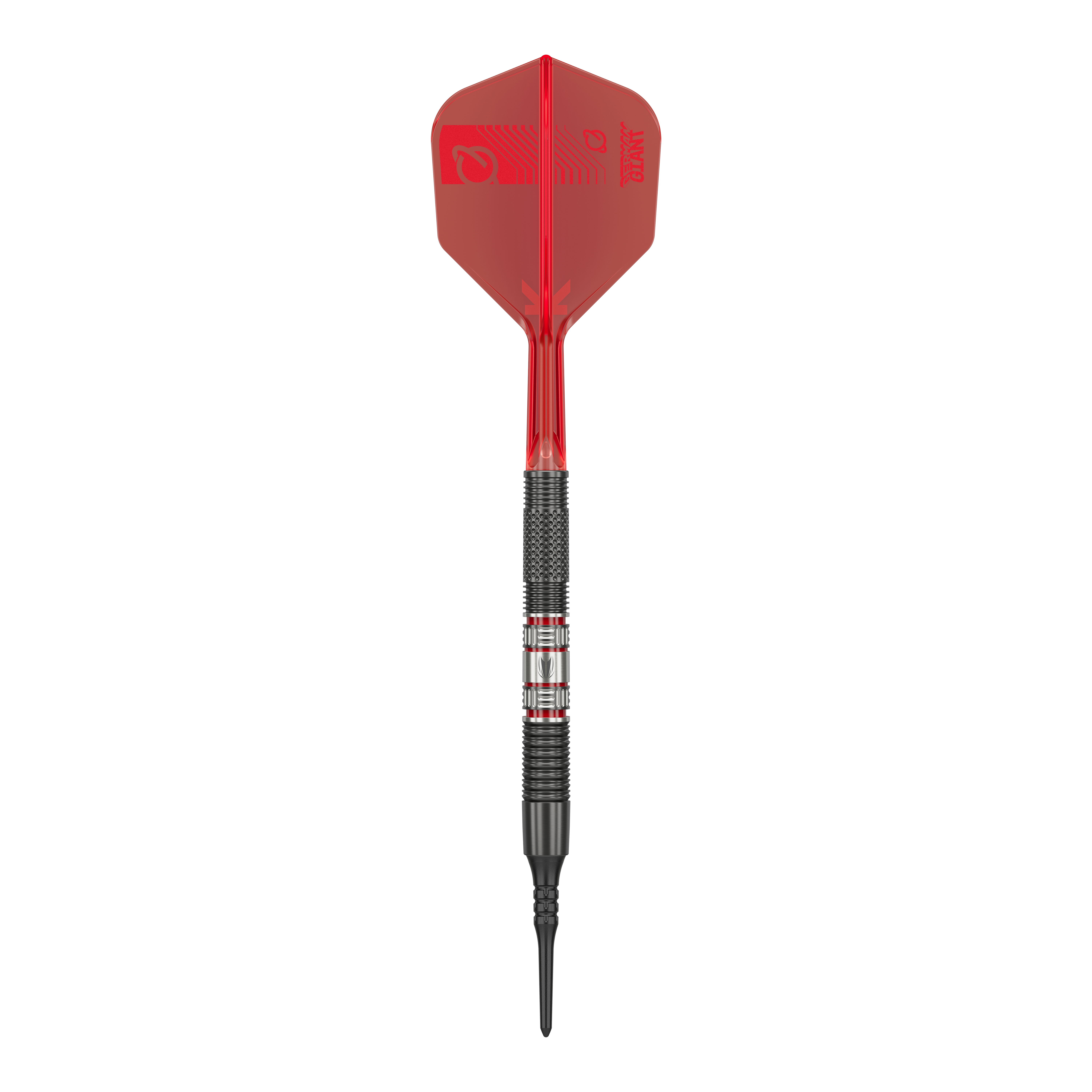 Target Gabriel Clemens 95K Softdarts - 19g Das Bild zeigt einen Softdartpfeil des Modells „Target Gabriel Clemens 95K Softdarts - 19g“. Der Pfeil hat eine rote Flight, einen schwarzen Griffbereich und eine schwarze Spitze.