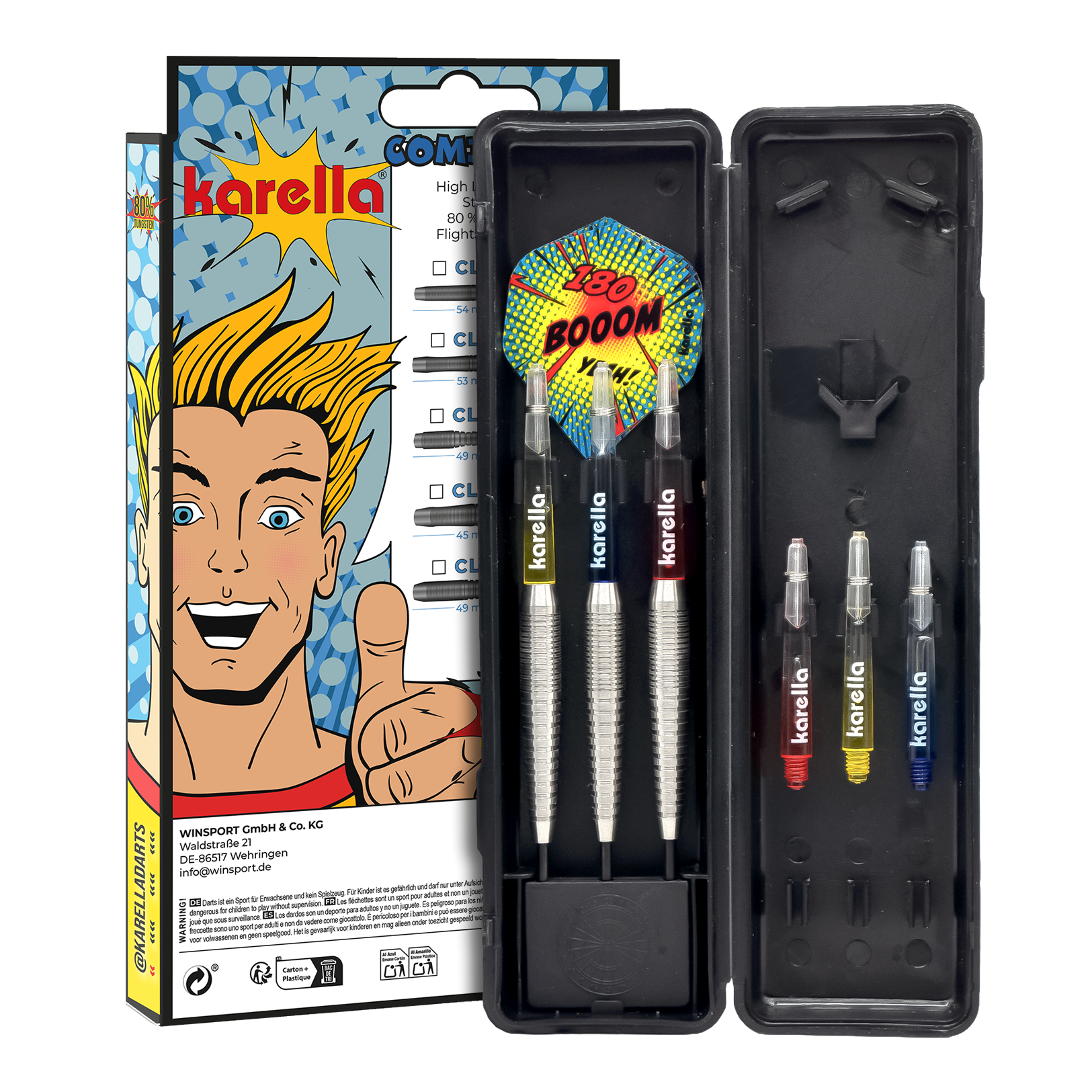 Abgebildet sind die Karella Comic Line CL-5 Steeldarts - 21g. Diese Steeldarts zeichnen sich durch ein Comic-Design aus.