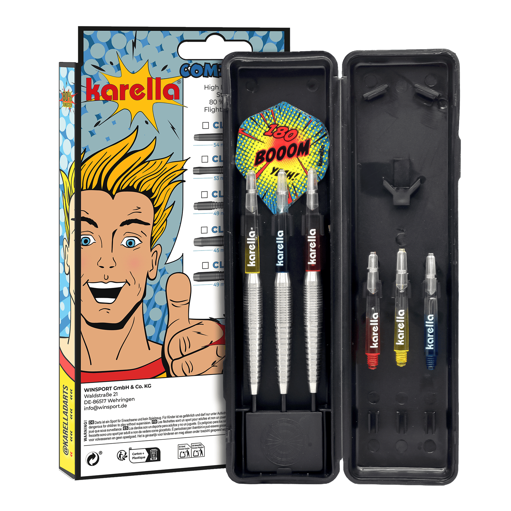 Karella Comic Line CL-5 Steeldarts - 21g Abgebildet sind die Karella Comic Line CL-5 Steeldarts - 21g. Diese Steeldarts zeichnen sich durch ein Comic-Design aus.