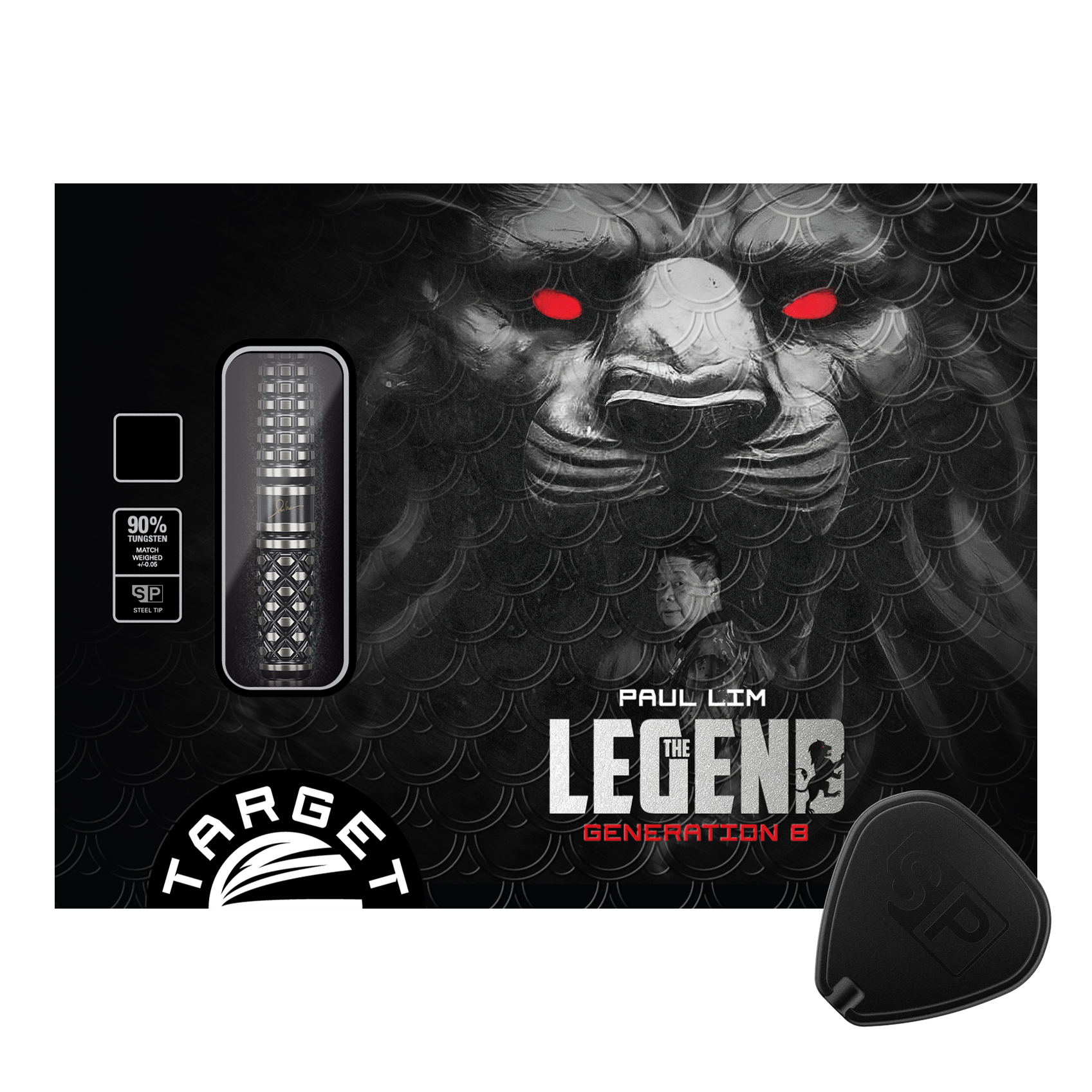 Target Japan Paul Lim The Legend GEN8 Swiss Point Steeldarts - 24g Die Verpackung zeigt die "Target Japan Paul Lim The Legend GEN8 Swiss Point Steeldarts - 24g". Im Hintergrund ist ein Löwenkopf mit roten Augen und ein Porträt von Paul Lim zu sehen.