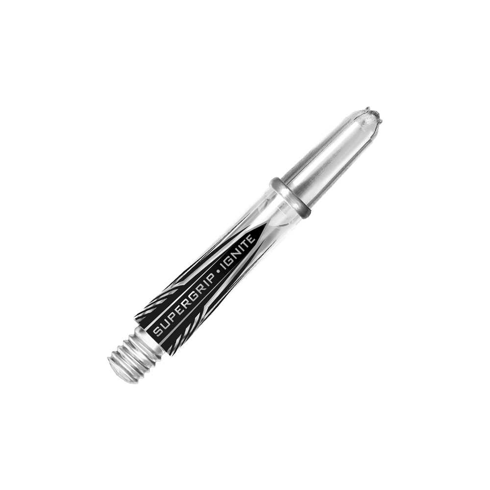 Das Bild zeigt einen klaren Harrows Supergrip Ignite Shaft für Darts. Auf dem Schaft steht der Schriftzug "SUPERGRIP IGNITE".