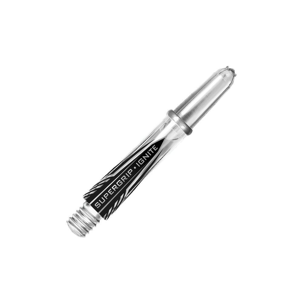 HR392_Harrows_Supergrip_Ignite_Shafts_Clear_33mm_2 Das Bild zeigt einen klaren Harrows Supergrip Ignite Shaft für Darts. Auf dem Schaft steht der Schriftzug "SUPERGRIP IGNITE".