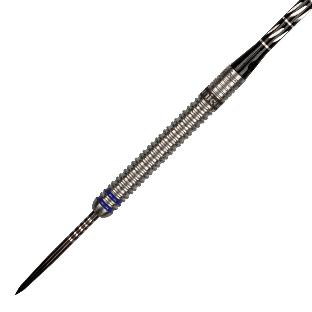 Auf dem Bild ist ein Steeldart der Marke Unicorn zu sehen, Modell "World Champion Gary Anderson Phase 3". Der Dart besteht aus silberfarbenem Metall mit blauen Ringen und einer strukturierten Griffzone.