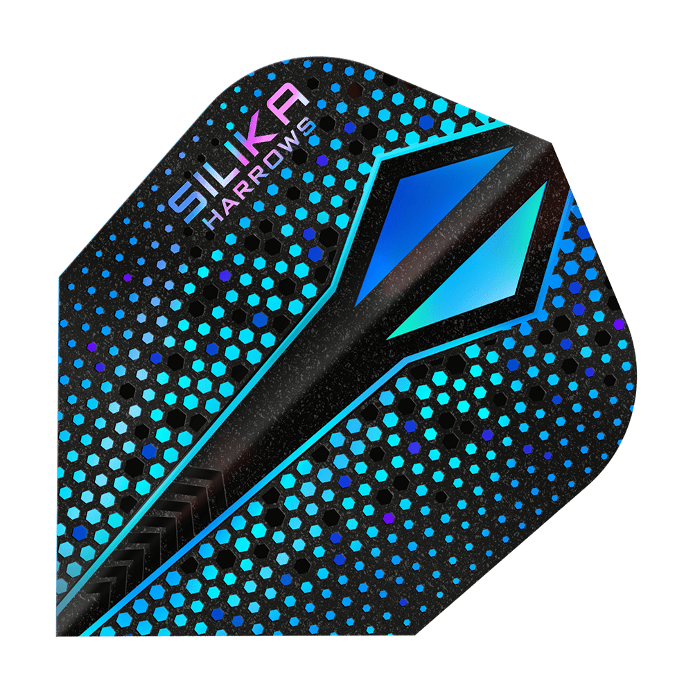 Das Bild zeigt ein Dart-Flight mit dem Namen "Harrows Silika Colourshift Tough Crystalline Coating Blue-X No6". Das Flight hat ein modernes Design mit blauen und schwarzen hexagonalen Mustern und einer glänzenden Oberfläche.