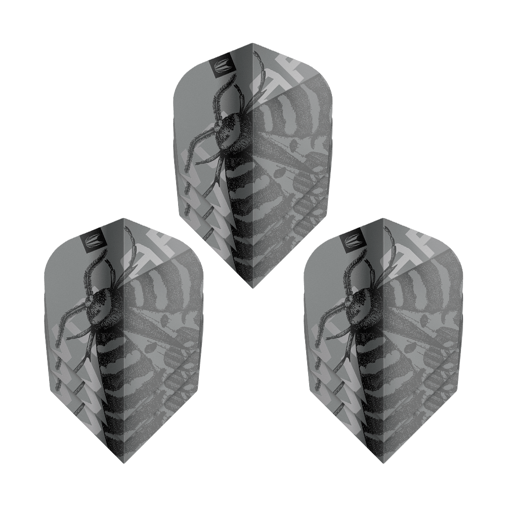 Target Pro Ultra Volar No6 Flights - 3 Sets Das Bild zeigt drei Sets von Target Pro Ultra Volar No6 Flights. Die Flights sind grau mit einem schwarzen Insektenmuster gestaltet.