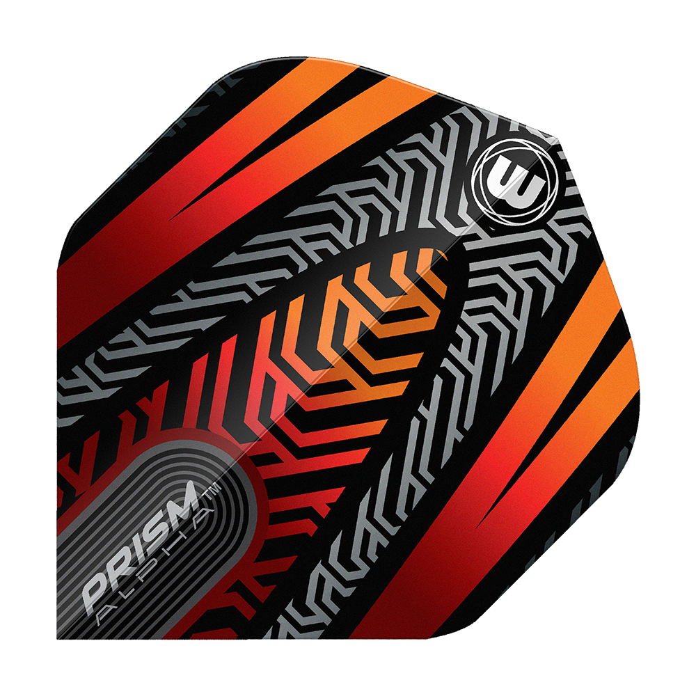 Dieses Bild zeigt ein Winmau Prism Alpha Schwarz Orange No2 Standard Flight. Das Flight hat ein auffälliges Muster in Schwarz, Orange und Silber mit geometrischen Linien und dem Winmau-Logo.