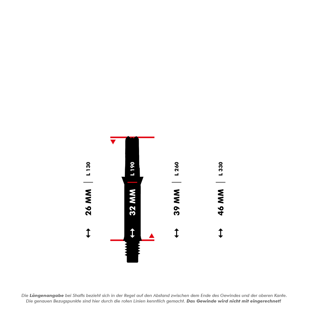 L-Style L-Shafts Silent Straight - Schwarz 190 Das Bild zeigt vier unterschiedlich lange Dartschäfte mit den Längen 26 mm, 32 mm, 39 mm und 46 mm, die jeweils mit roten Linien markiert sind. Darunter steht eine Erklärung, dass die angegebene Länge jeweils ohne das Gewinde gemessen wird.