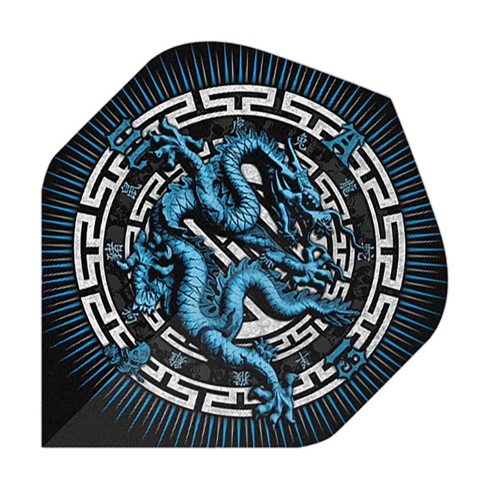Das Bild zeigt das Produkt "Alchemy Year Of The Dragon No2 Standard Flights". Auf dem Flight ist ein blauer Drache in einem dekorativen, kreisförmigen Muster abgebildet.