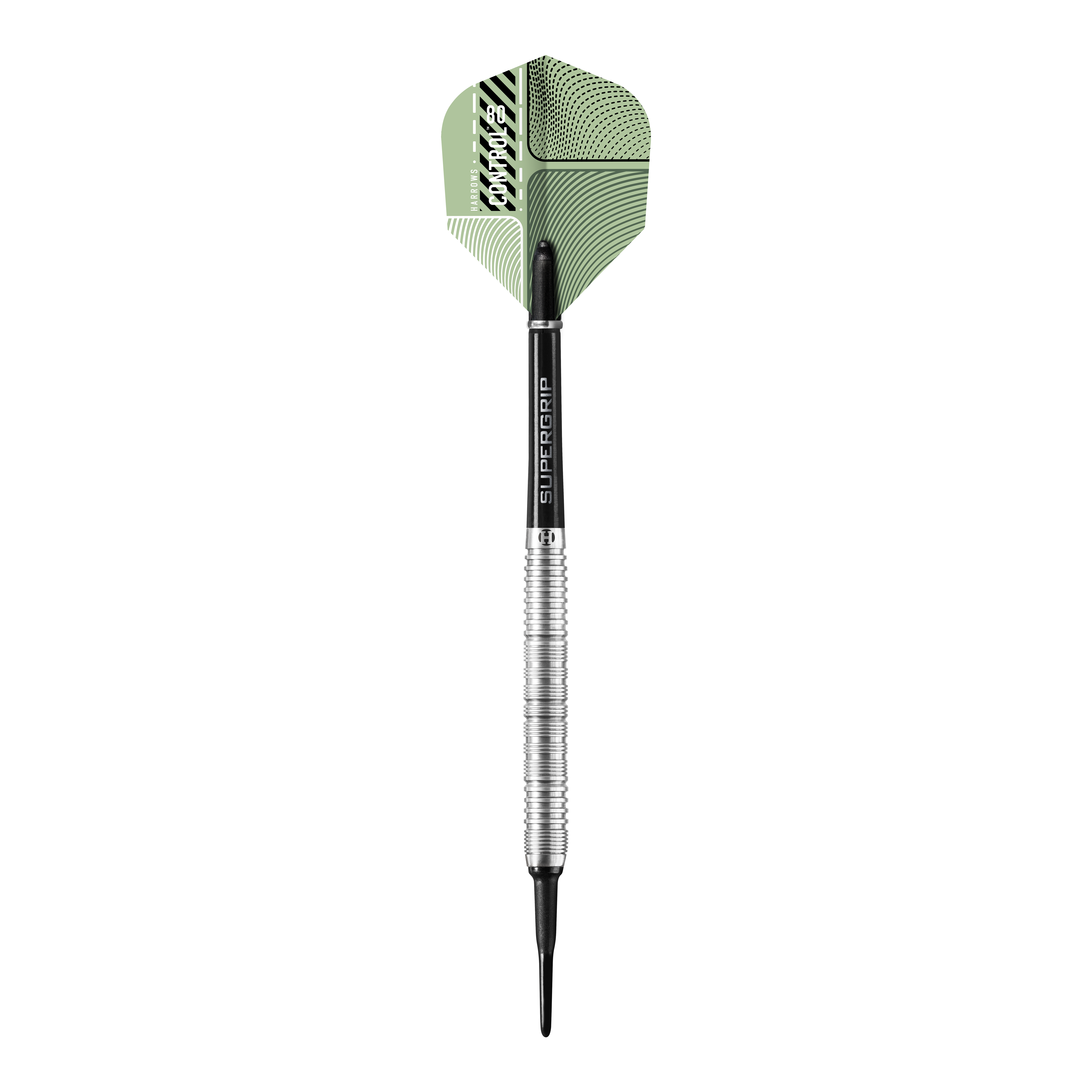 Das Bild zeigt einen Harrows Control Parallel Softdart mit einem silbernen und schwarzen Schaft. Die Dartflügel sind grün gemustert und tragen das Markenlogo.
