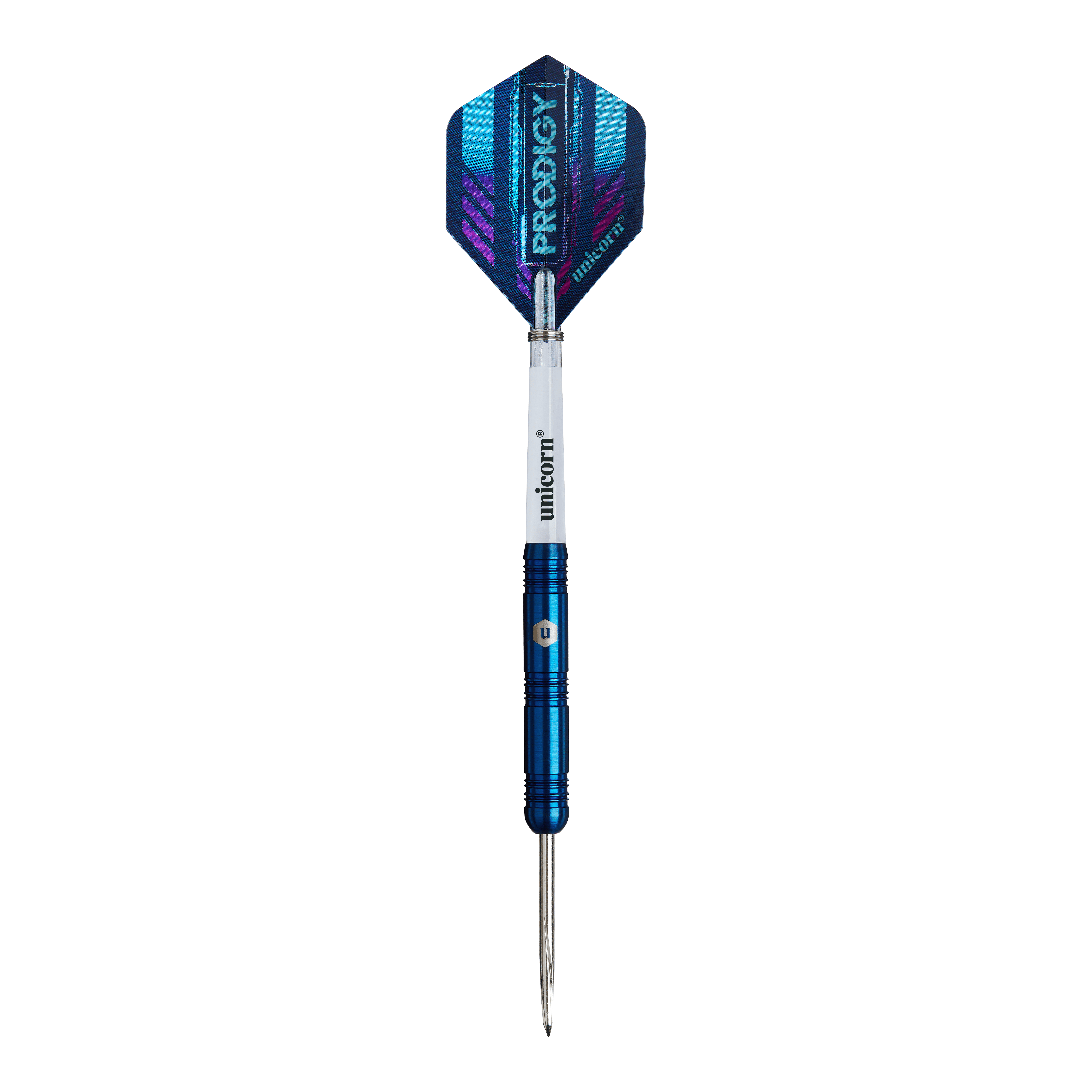 Das Bild zeigt einen Unicorn Prodigy 01 Parallel Steeldart. Der Dartpfeil hat ein blaues Design mit einer glänzenden Spitze und einem Flight mit der Aufschrift "PRODIGY".
