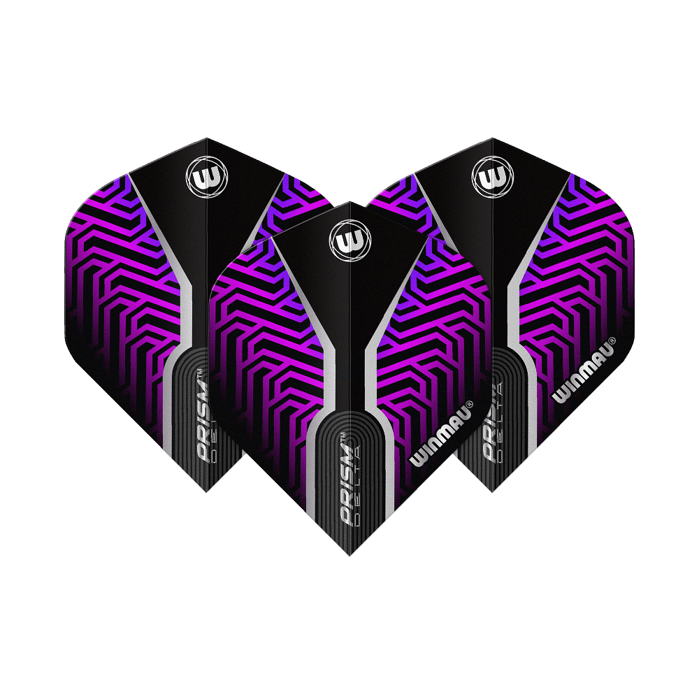 Das Bild zeigt drei Winmau Prism Delta Kairos No2 Standard Flights in Lila. Die Flights haben ein auffälliges lila-schwarzes Muster mit weißen Akzenten und dem Winmau-Logo.