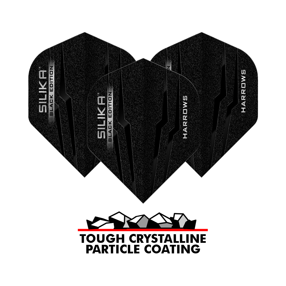 Das Bild zeigt drei schwarze Harrows Silika Black-Edition No2 Standard Flights. Unten steht der Schriftzug „Tough Crystalline Particle Coating“ mit einer Grafik von Kristallen.
