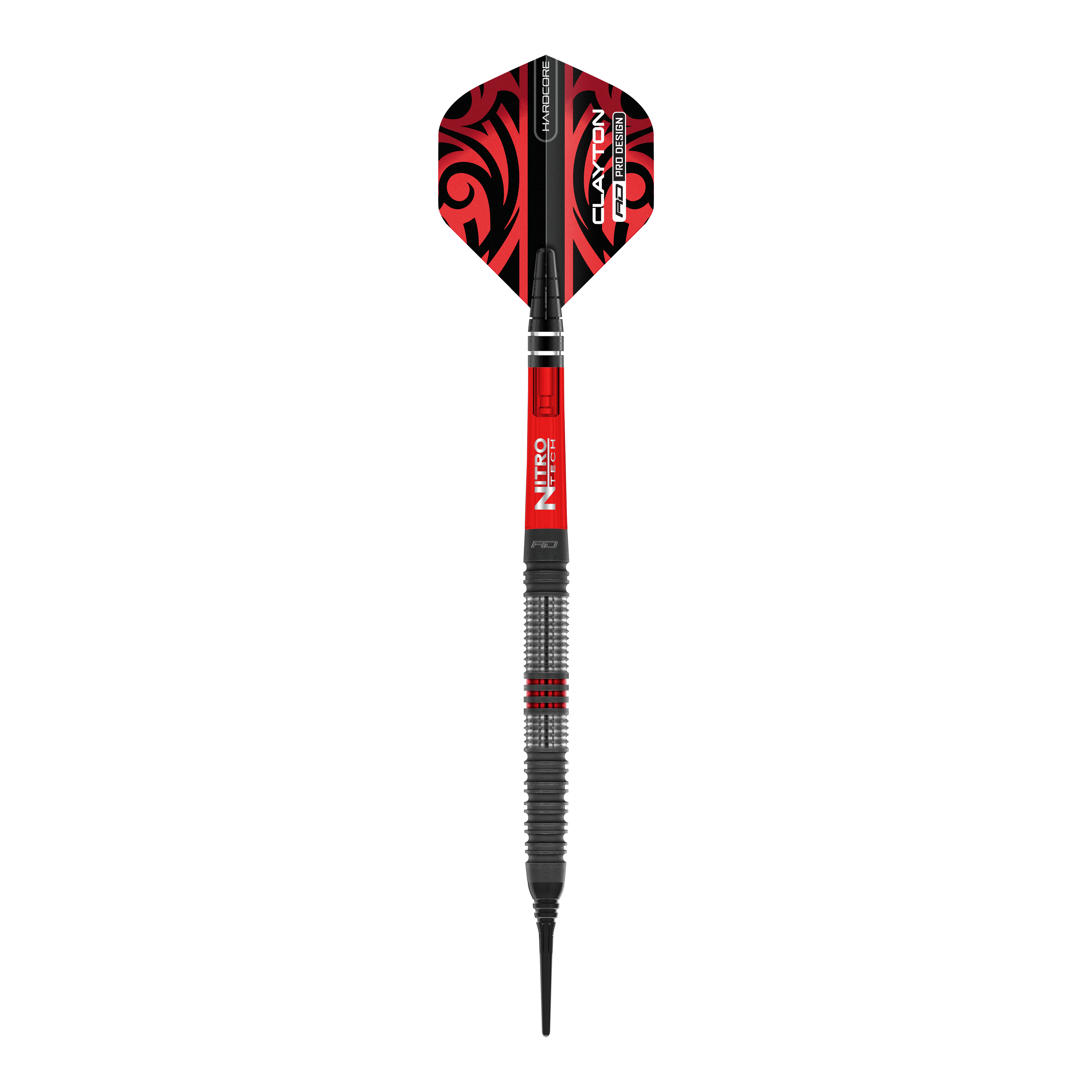 Red Dragon Jonny Clayton Hiraeth Softdarts - 20g Das Bild zeigt einen Softdart der Marke Red Dragon, Modell "Jonny Clayton Hiraeth" mit einem Gewicht von 20 Gramm. Der Dart ist überwiegend in den Farben Rot und Schwarz gestaltet und hat ein auffälliges Muster auf dem Flight.