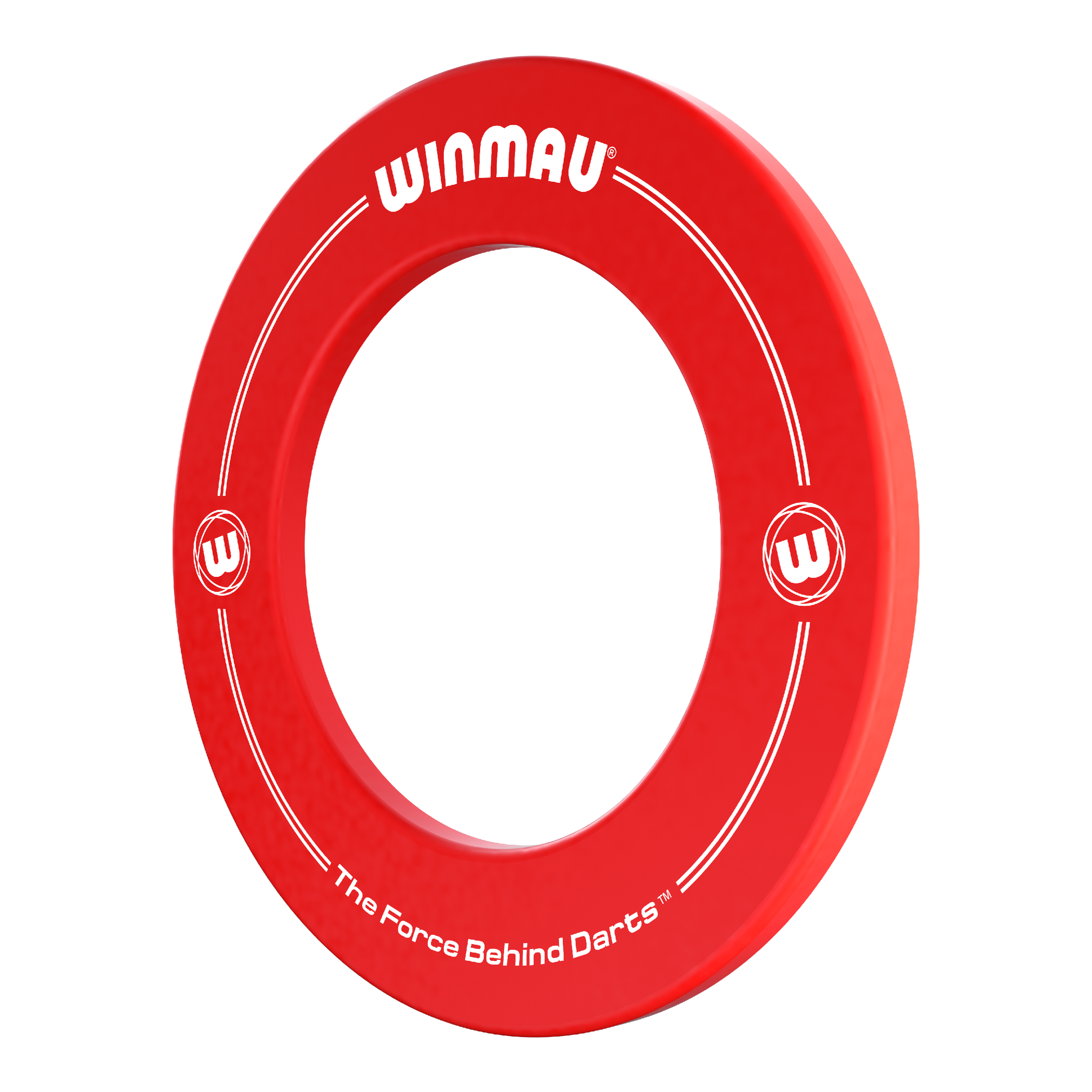 Winmau Dartboard Surround Auf dem Bild ist ein roter Dartboard-Surround von Winmau zu sehen. Darauf steht der Schriftzug „The Force Behind Darts“ sowie das Winmau-Logo.