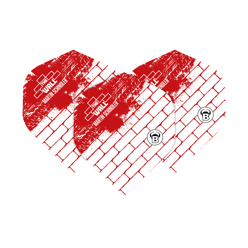Das Bild zeigt drei Dart-Flights in weiß und rot mit Backsteinmuster. Auf den Flights steht "The Wall Martin Schindler" und unten ist ein rundes "B"-Logo.