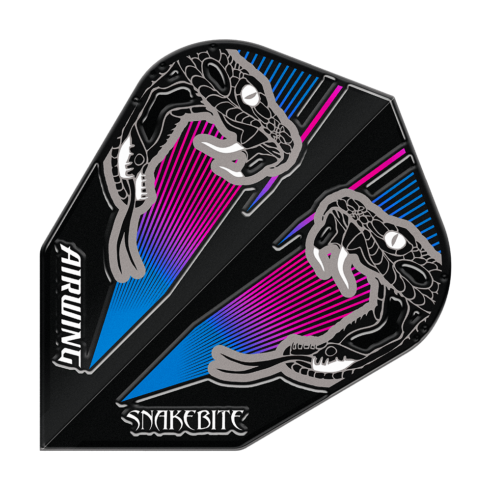 Das Bild zeigt ein Dartflight mit zwei Schlangenköpfen, bunten Linien in Blau und Pink sowie den Aufschriften "AIRWING" und "SNAKEBITE". Es handelt sich um das Modell "Red Dragon Airwing Peter Wright Blue V-Standard Flights".