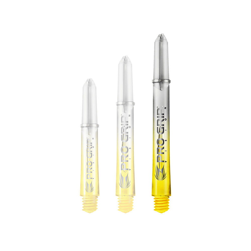 Target Pro Grip Vision Shafts - 3 Sets - Gelb Auf dem Bild sind drei unterschiedlich große Dartschäfte zu sehen. Sie sind silber und gelb gefärbt und tragen die Aufschrift "Pro Grip Vision".