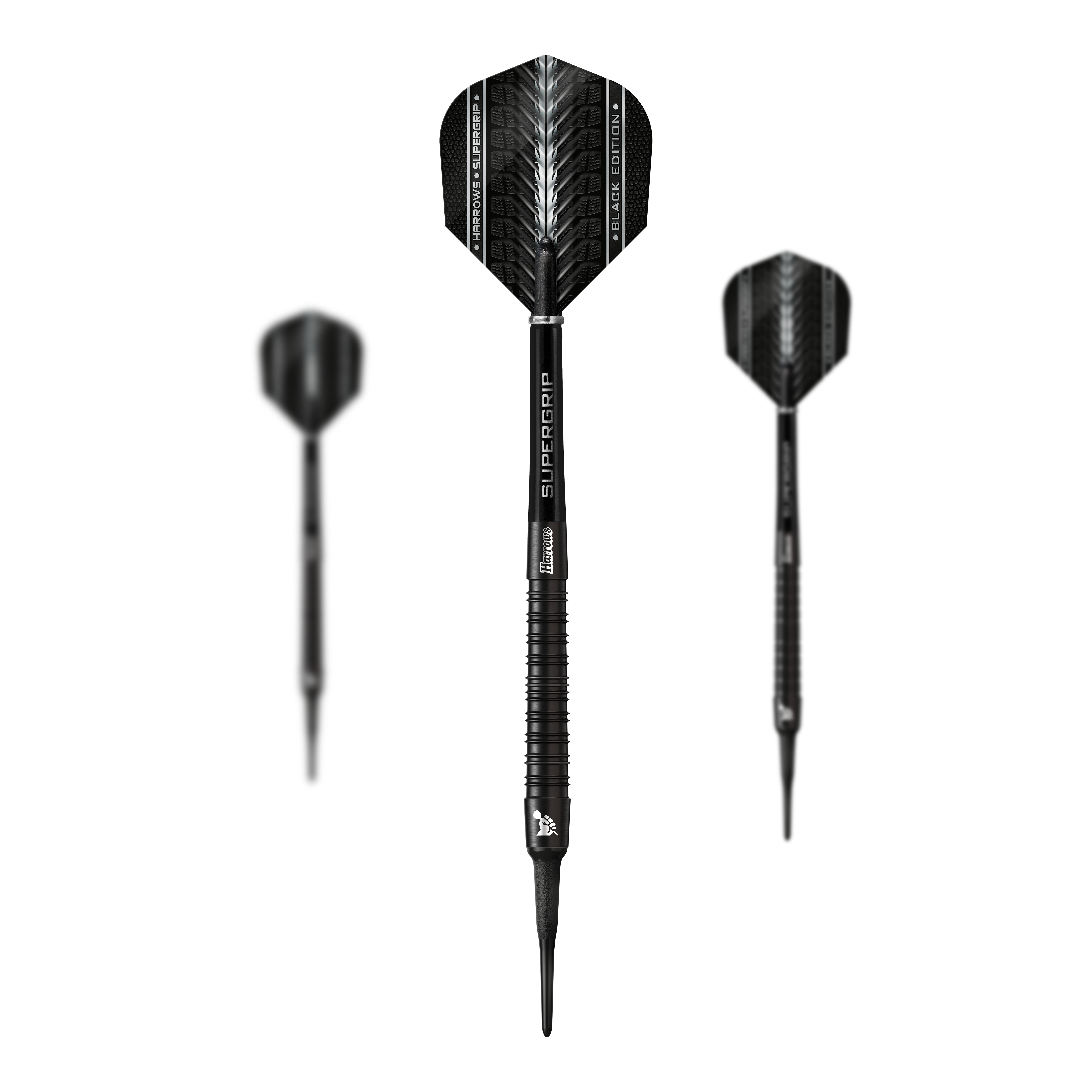 Harrows Supergrip Black-Edition Softdarts Das Bild zeigt drei Harrows Supergrip Black-Edition Softdarts in schwarzem Design. Die Darts haben schlanke Griffe und moderne Flights mit weißen Akzenten.