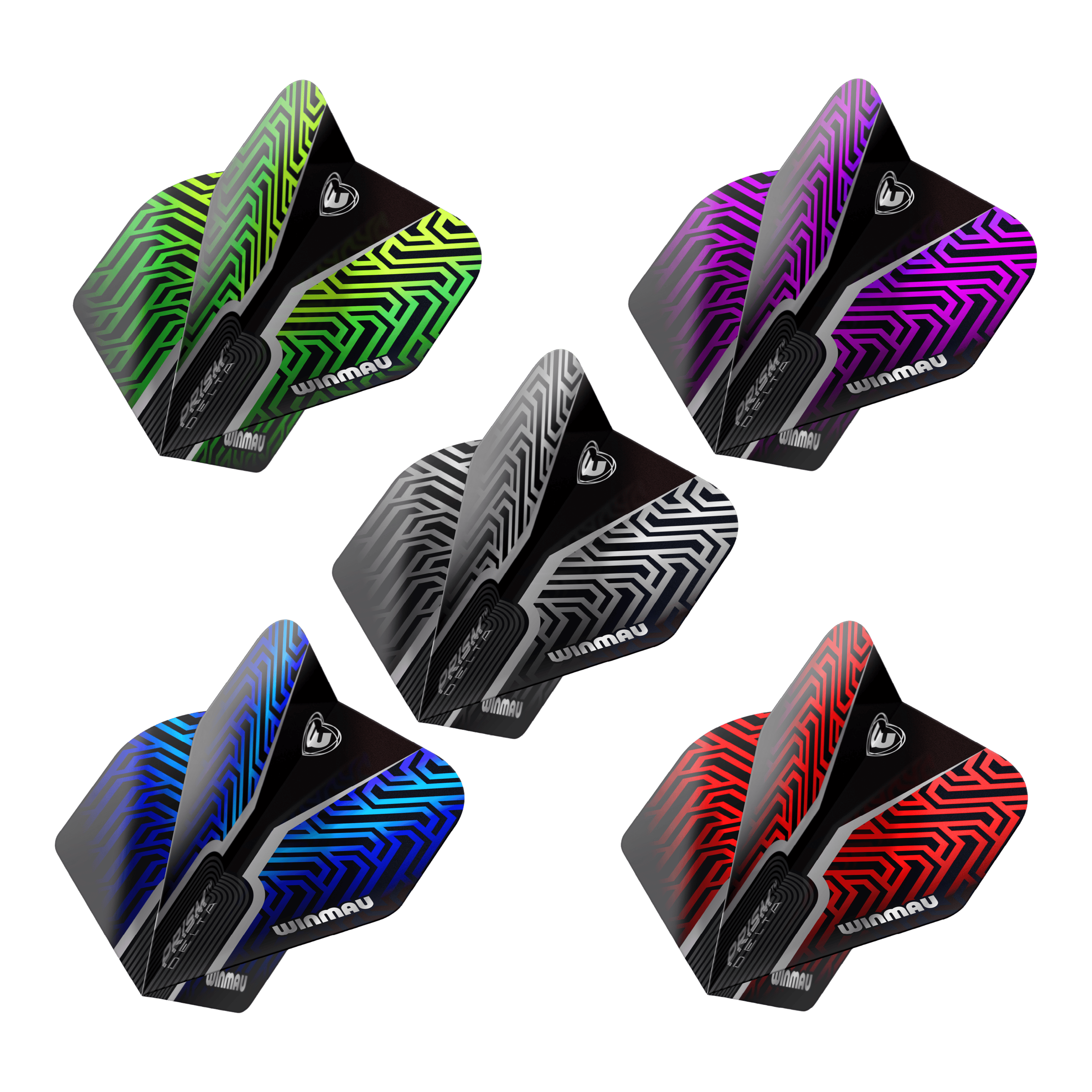 Abgebildet ist die Winmau Prism Delta No2 Standard Flight Collection. Die Flights sind für Dartpfeile konzipiert.