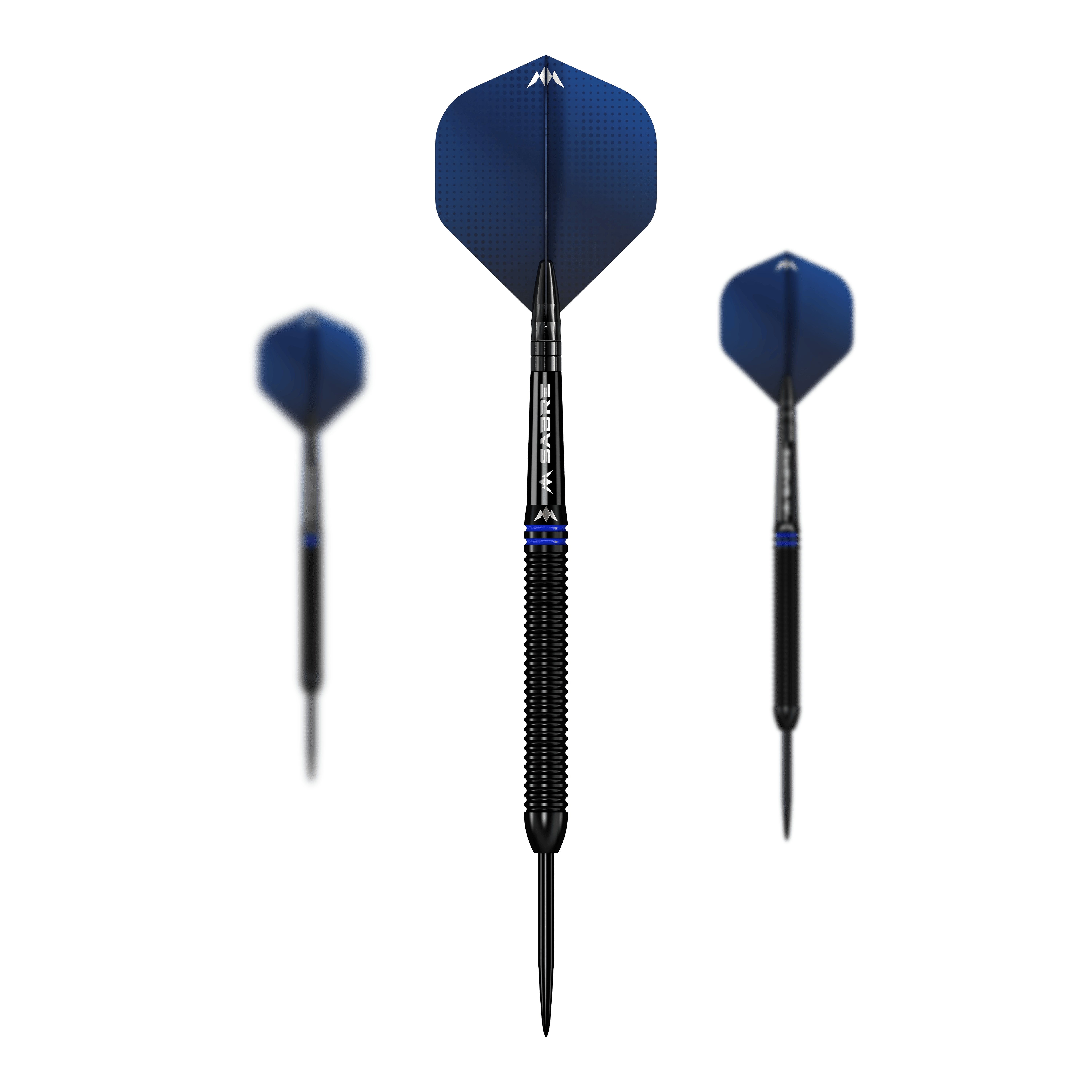 Das Bild zeigt drei Steeldarts des Produkts "Mission Davis Dudeney Steeldarts". Die Darts haben schwarze Spitzen und blaue Flights.