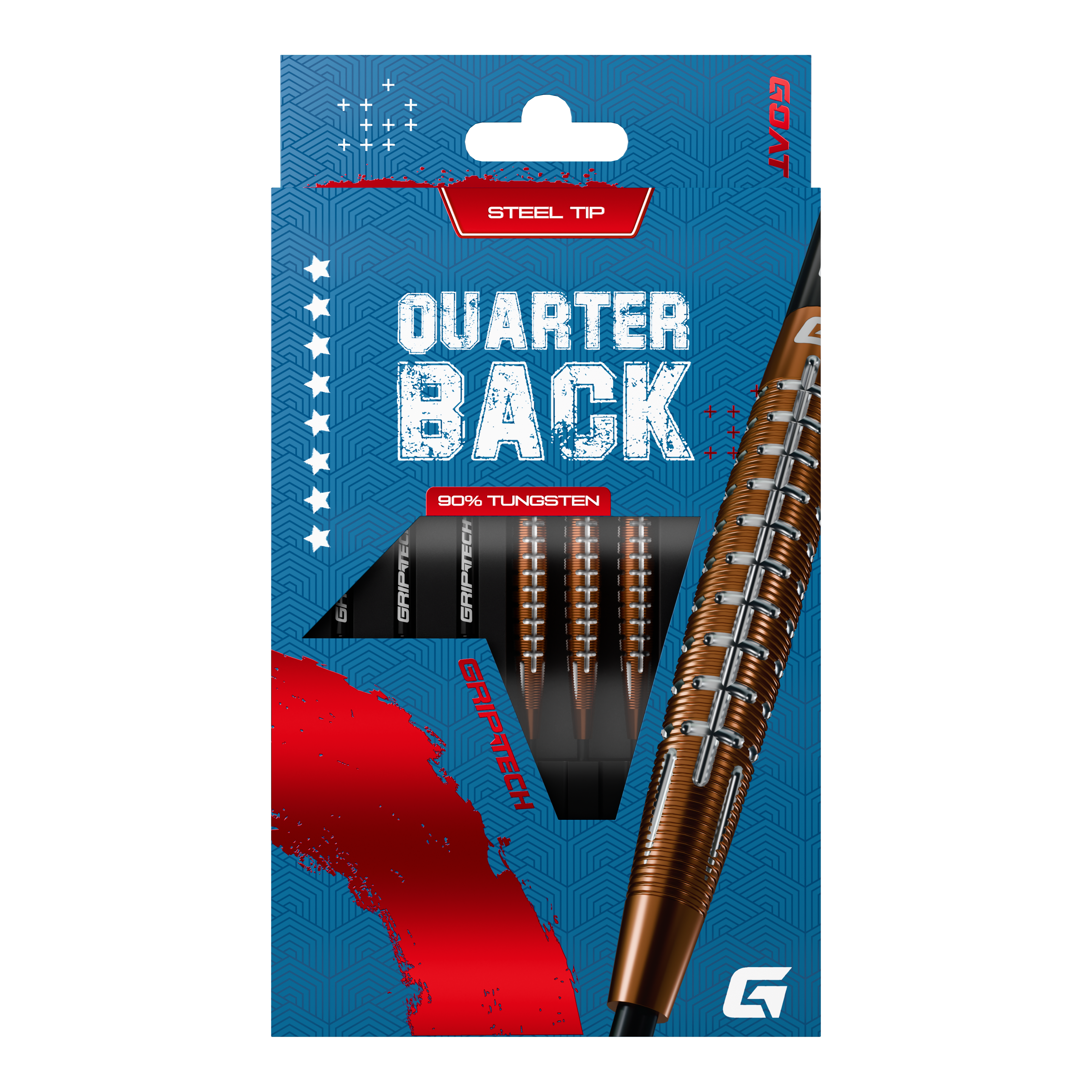 GOAT Quarterback V1 Tungsten Steeldarts Das Bild zeigt die GOAT Quarterback V1 Tungsten Steeldarts in einer blauen Verpackung. Die Darts bestehen zu 90% aus Tungsten und haben eine Stahlspitze.