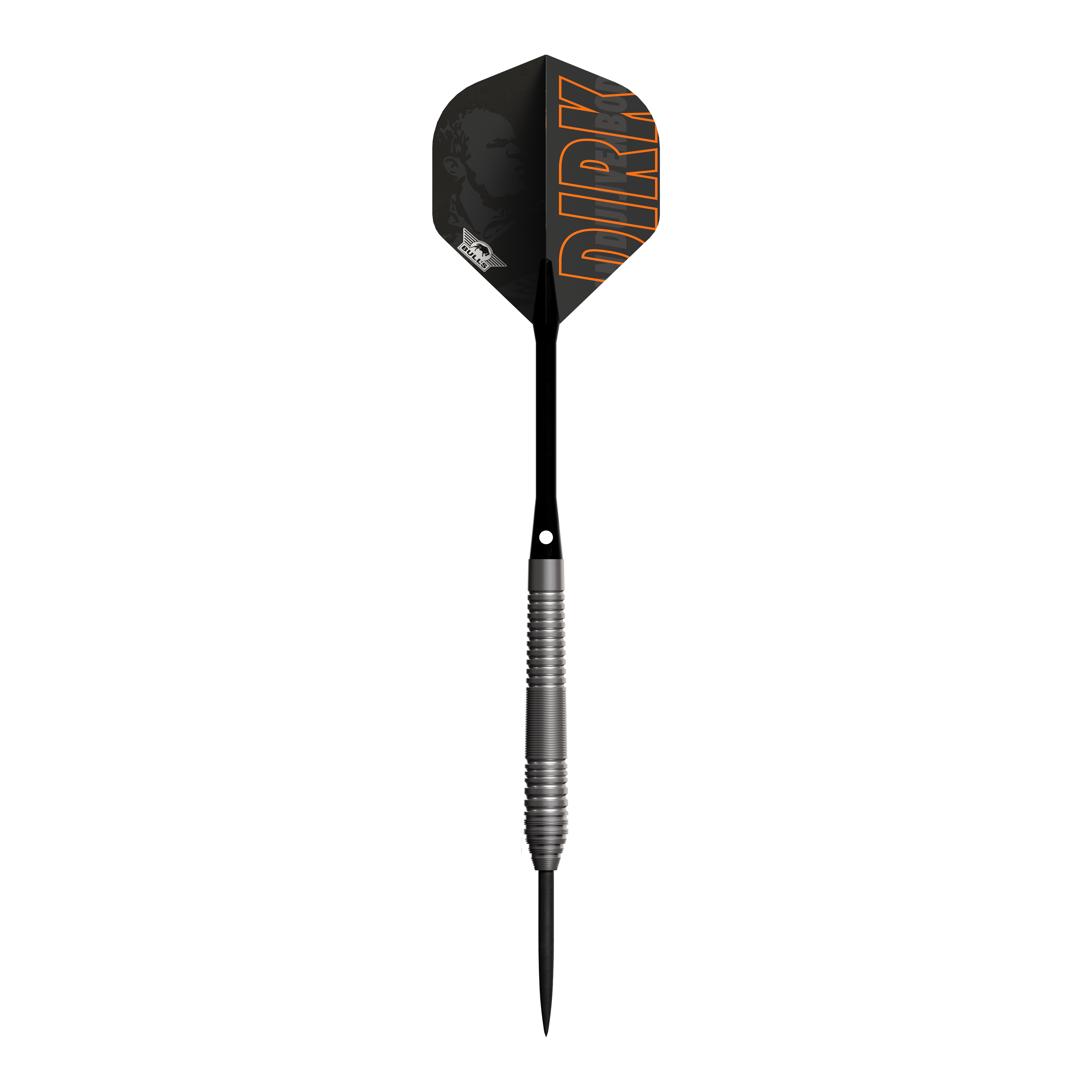 Bulls NL Dirk Van Duijvenbode 80 Steeldarts Dies ist ein Steeldart der Marke Bulls NL, Modell Dirk Van Duijvenbode 80. Der Dart hat einen schwarzen Flight mit dem Namen "DIRK" in orangefarbener Schrift.