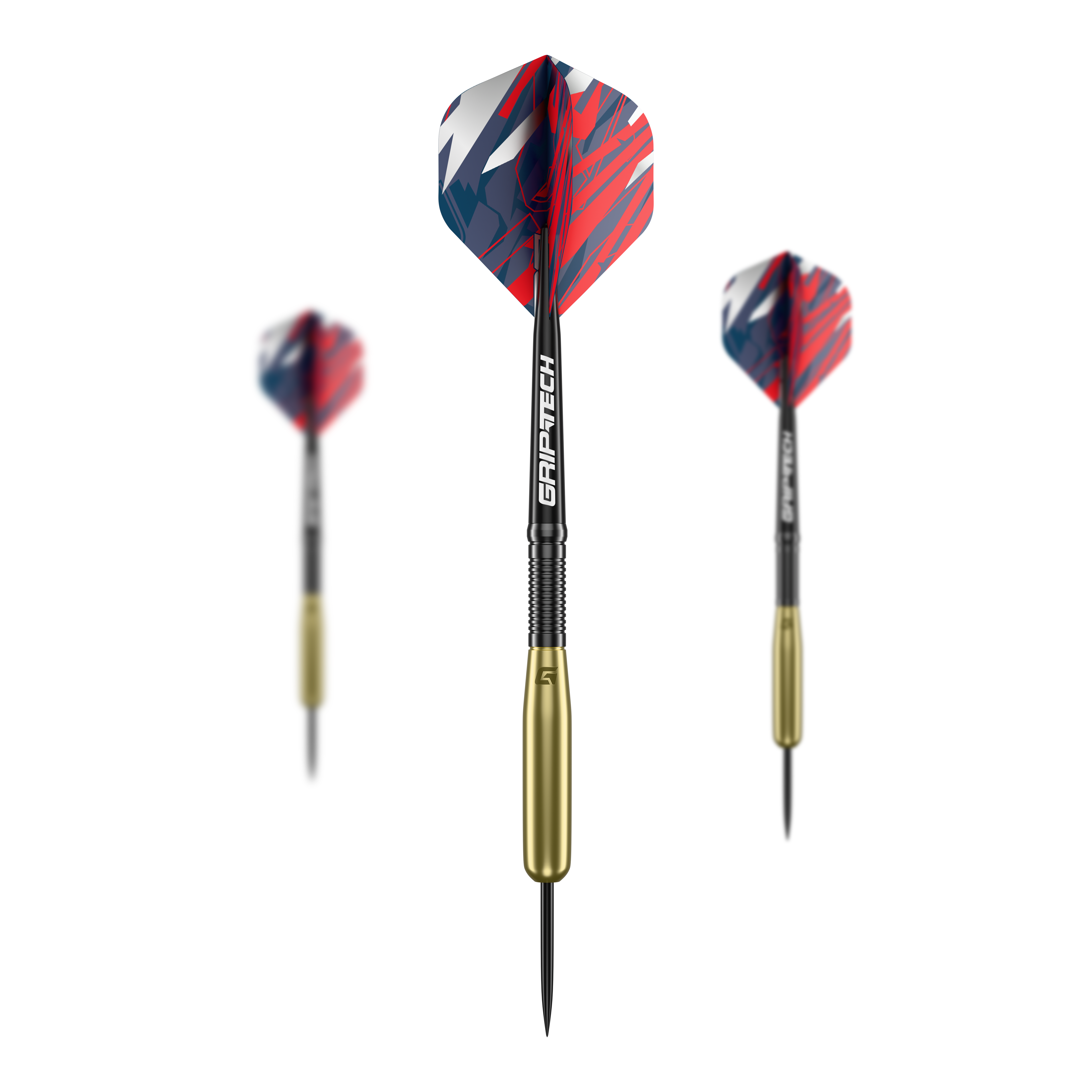 Das Bild zeigt drei Steeldarts mit goldfarbenem Griff und rot-blau gemusterten Flights. Auf dem Schaft steht das Wort "GRIP-TECH".