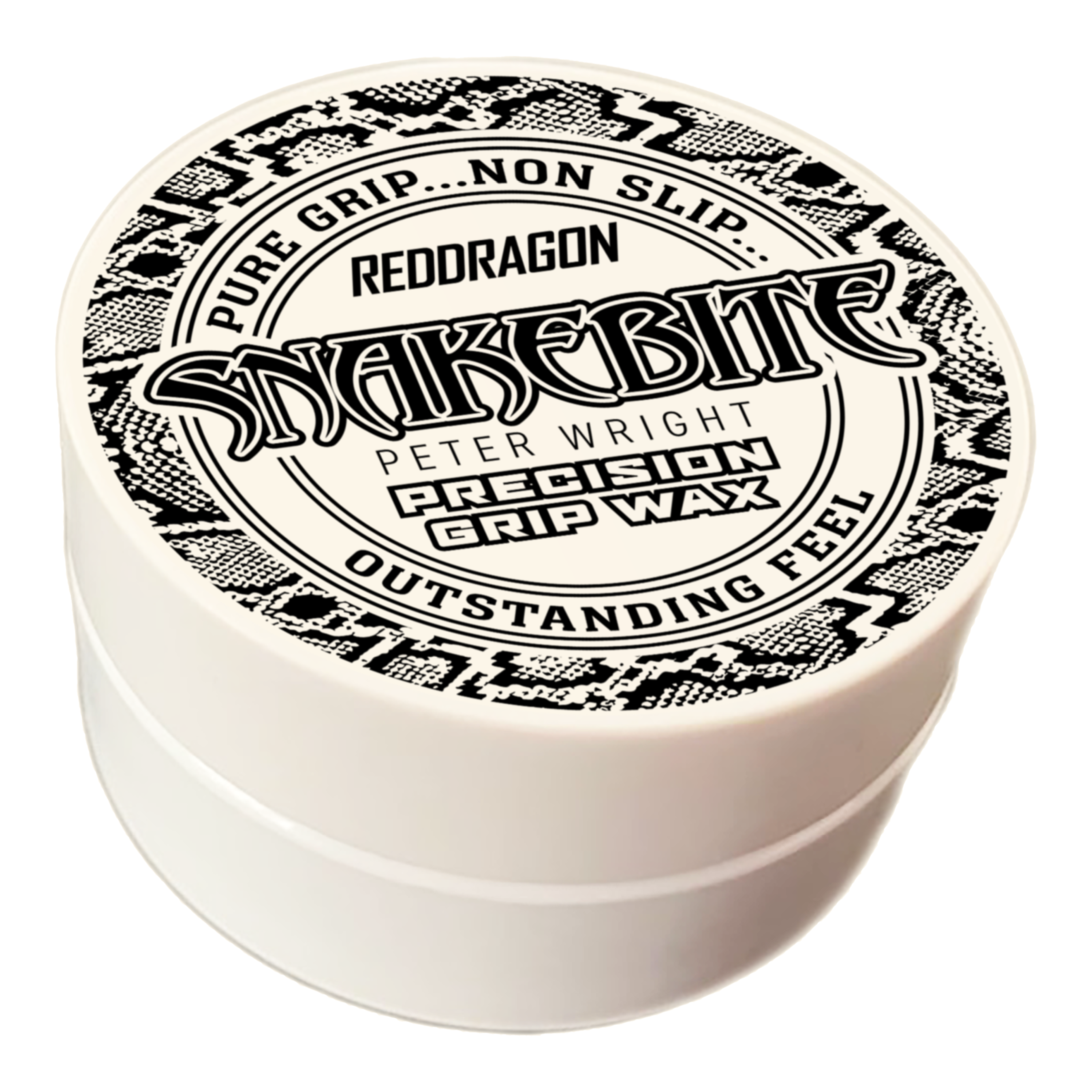 Red Dragon Peter Wright Snakebite Precision Grip Wax Fingerwachs Das Bild zeigt eine runde Dose mit der Aufschrift "Red Dragon Peter Wright Snakebite Precision Grip Wax". Die Verpackung ist weiß mit einem schwarz-weißen Schlangenmuster und betont den festen, griffsicheren Halt.