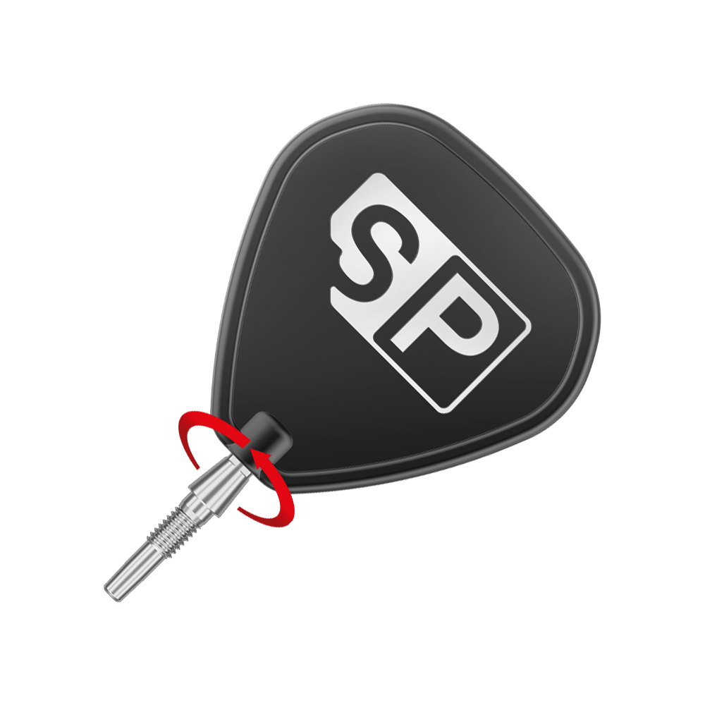 Target Swiss Point Storm Surge Steeldartspitzen - Silber Das Bild zeigt eine Dartspitze mit einem schwarzen Flight, auf dem die Buchstaben "SP" abgebildet sind. Ein roter Pfeil deutet auf eine Drehbewegung am Verbindungsstück der Spitze hin.
