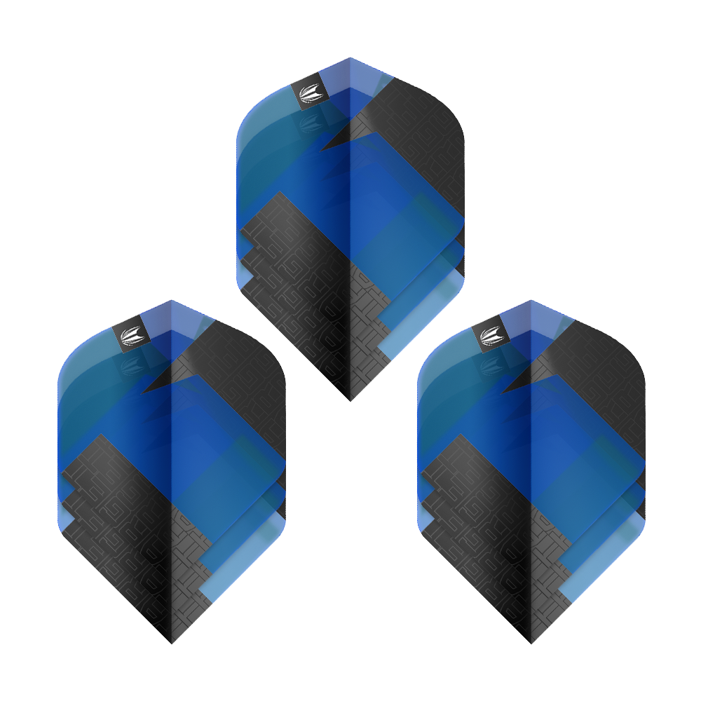 Das Bild zeigt drei Sets von Target Pro Ultra TAG Blau No2 Standard Flights. Die Flights sind vorwiegend blau und schwarz gestaltet.