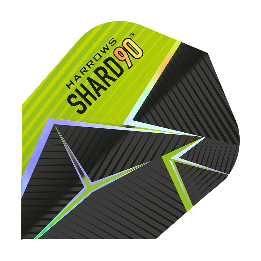 Das Bild zeigt ein Dart-Flight mit dem Namen „Harrows Prime Shard No6“. Das Design ist schwarz und gelb mit geometrischen Linien und dem Aufdruck „SHARD 90“.