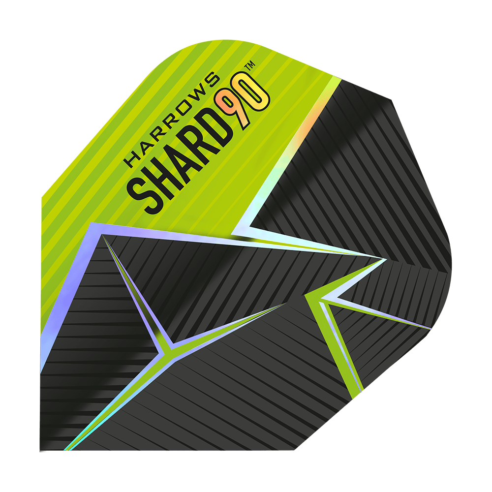 Harrows Prime Shard No6 Flights Das Bild zeigt ein Dart-Flight mit dem Namen „Harrows Prime Shard No6“. Das Design ist schwarz und gelb mit geometrischen Linien und dem Aufdruck „SHARD 90“.