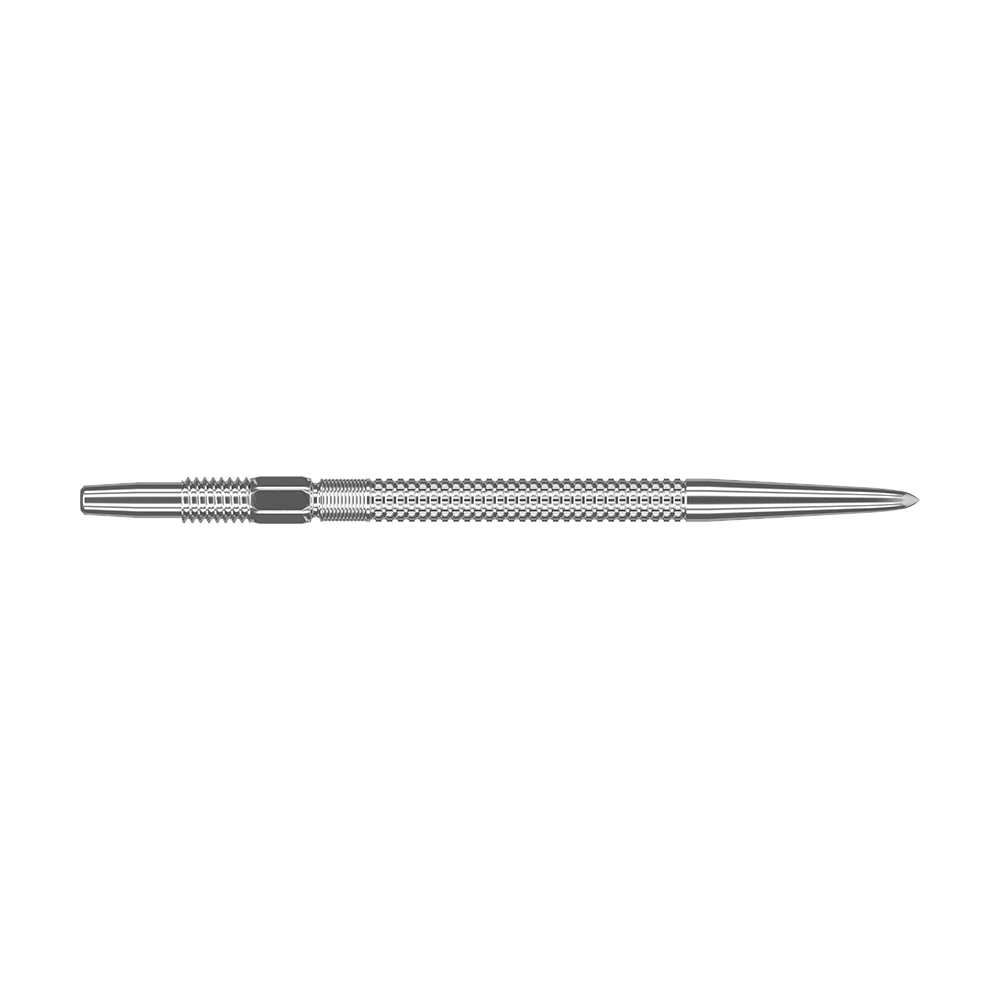 Target Swiss Point GRD Silver Dartspitzen Das Bild zeigt eine silberne Dartspitze der Marke Target Swiss Point GRD. Die Spitze hat ein feines, geriffeltes Muster für besseren Halt.