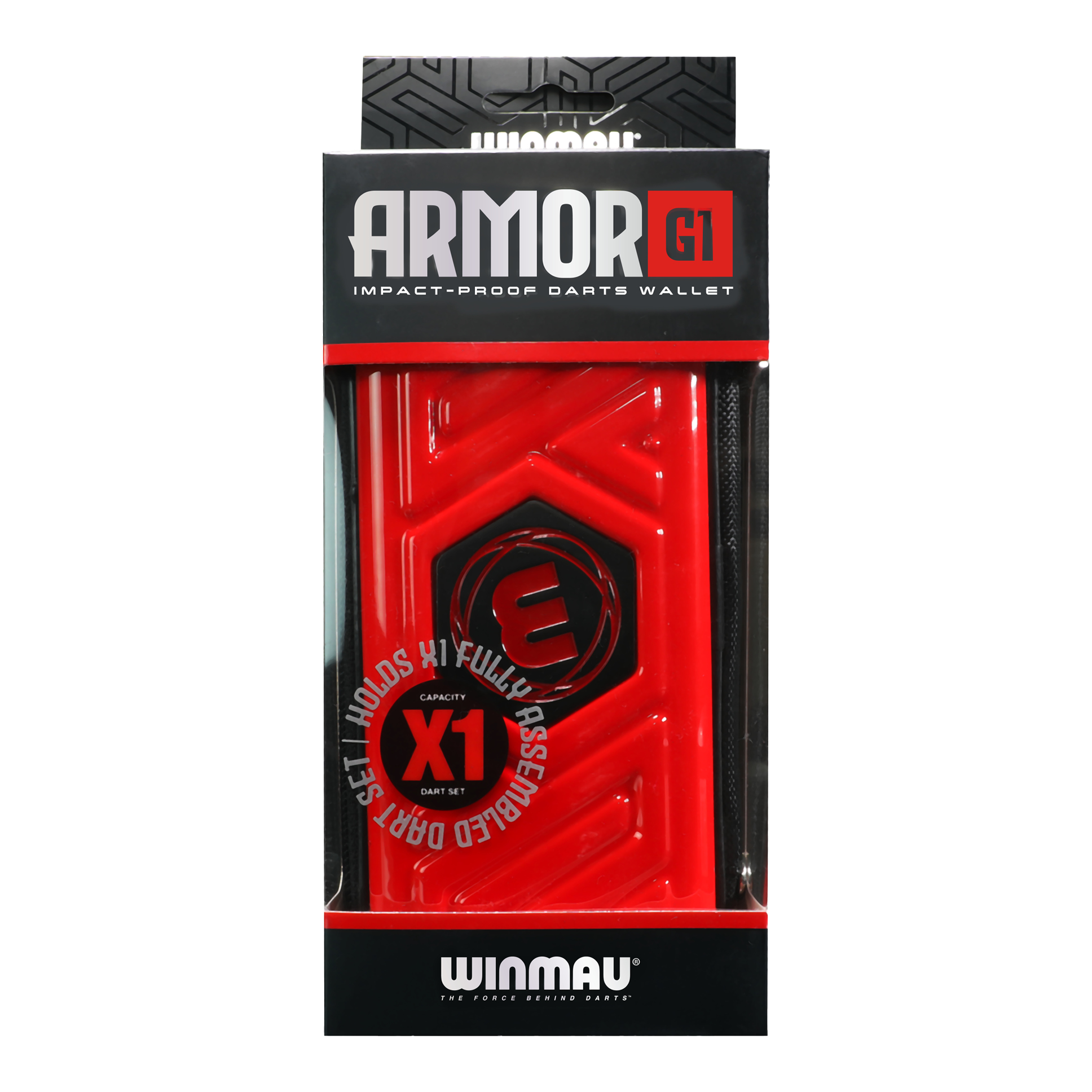 Das Bild zeigt eine rote Winmau Armor G1 Darttasche in ihrer Verpackung. Auf der Verpackung steht, dass sie ein vollständig montiertes Dart-Set aufnehmen kann.