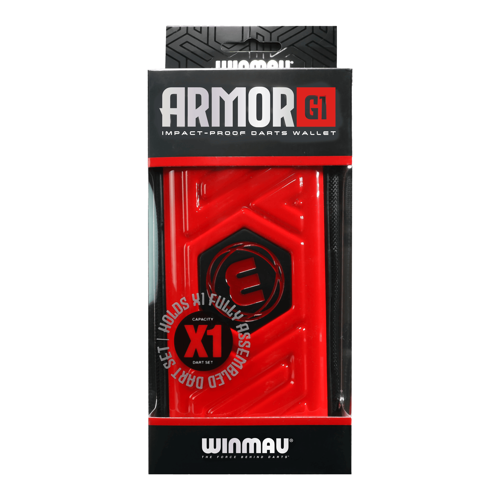 Winmau Armor G1 Dartwallet Das Bild zeigt eine rote Winmau Armor G1 Darttasche in ihrer Verpackung. Auf der Verpackung steht, dass sie ein vollständig montiertes Dart-Set aufnehmen kann.