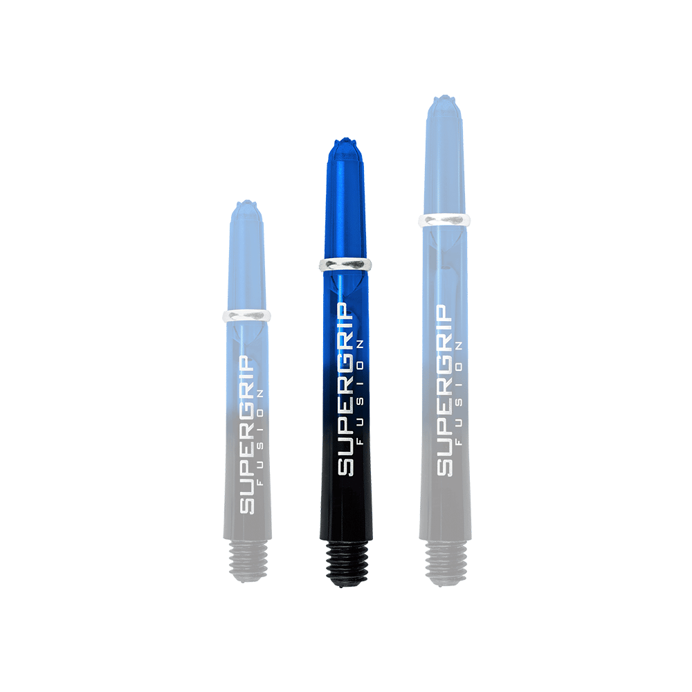 Das Bild zeigt drei blaue Harrows Supergrip Fusion Shafts in verschiedenen Längen. Die Shafts bestehen aus einem blauen und schwarzen Farbverlauf mit weißer Aufschrift.